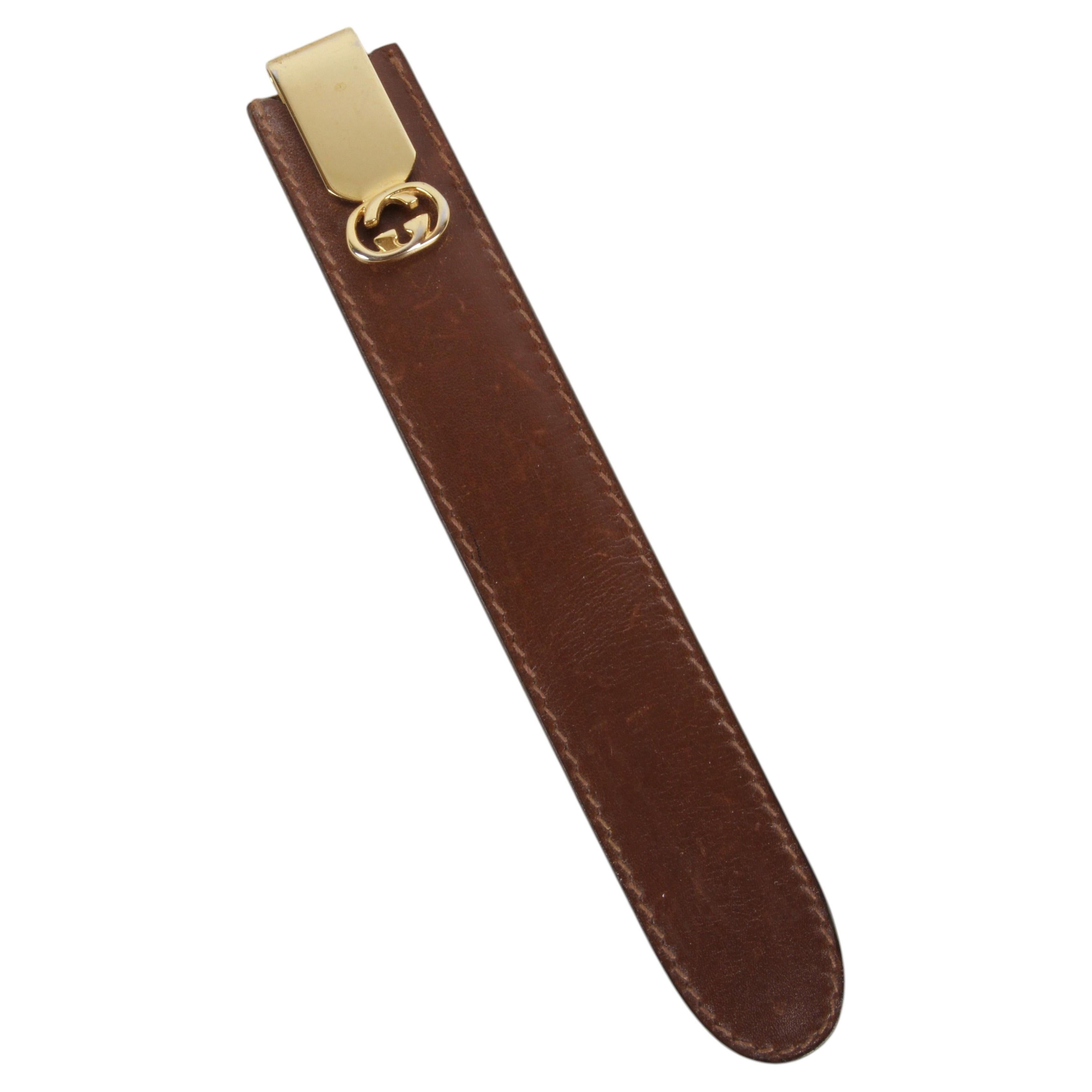 Vintage 1980s Gucci Leather & Gold GG Letter Opener and Bookmark Combination