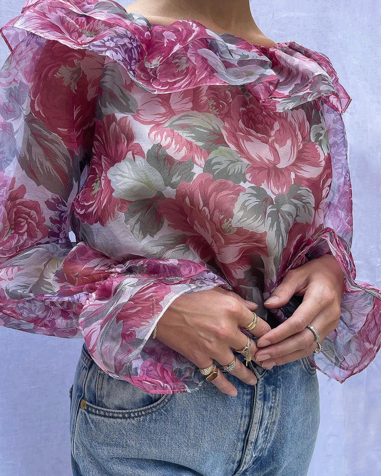 Hanae Mori Silk Organza Ruffled Blouse