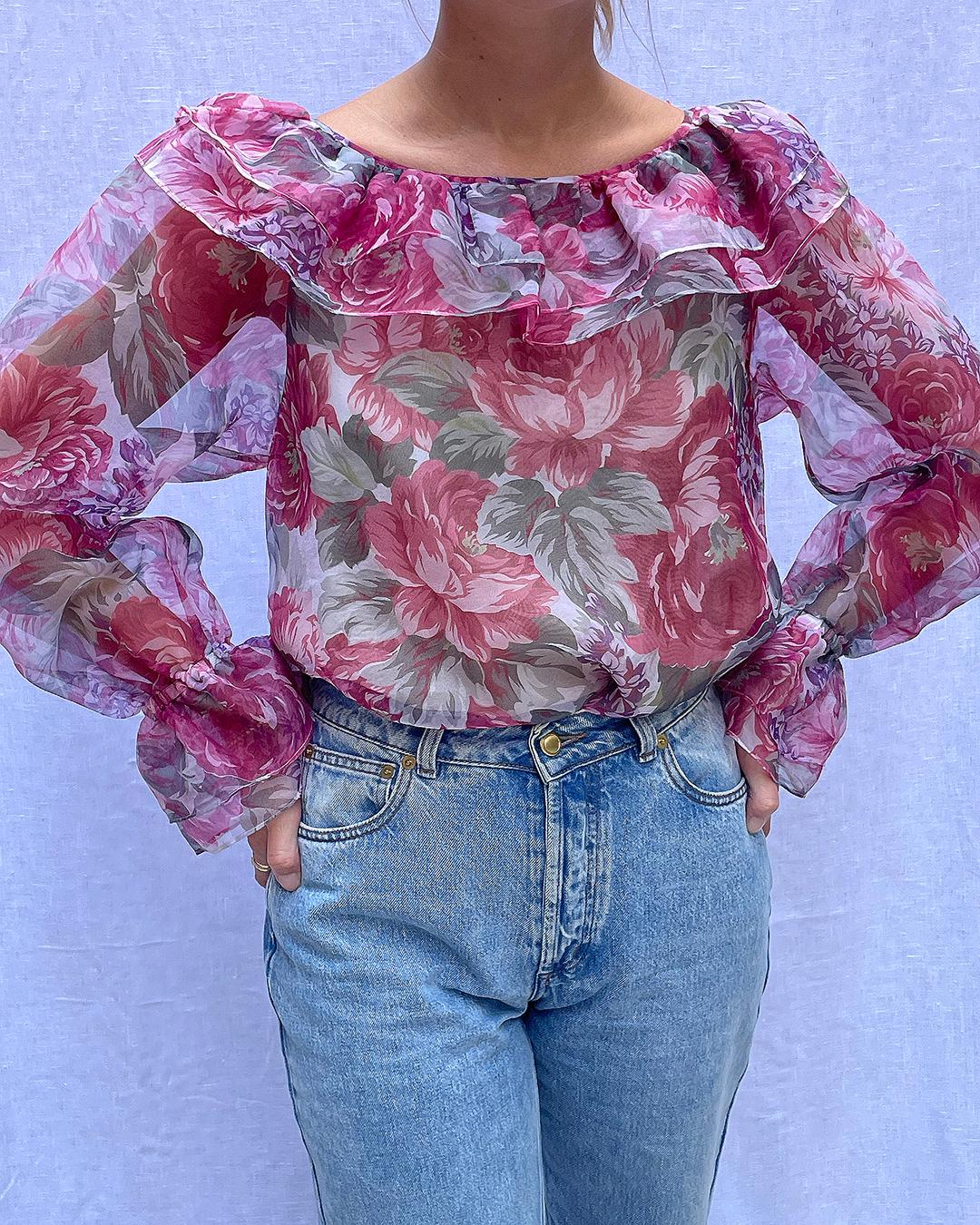 1980s Hanae Mori Floral Blouse In Excellent Condition For Sale In New York, NY