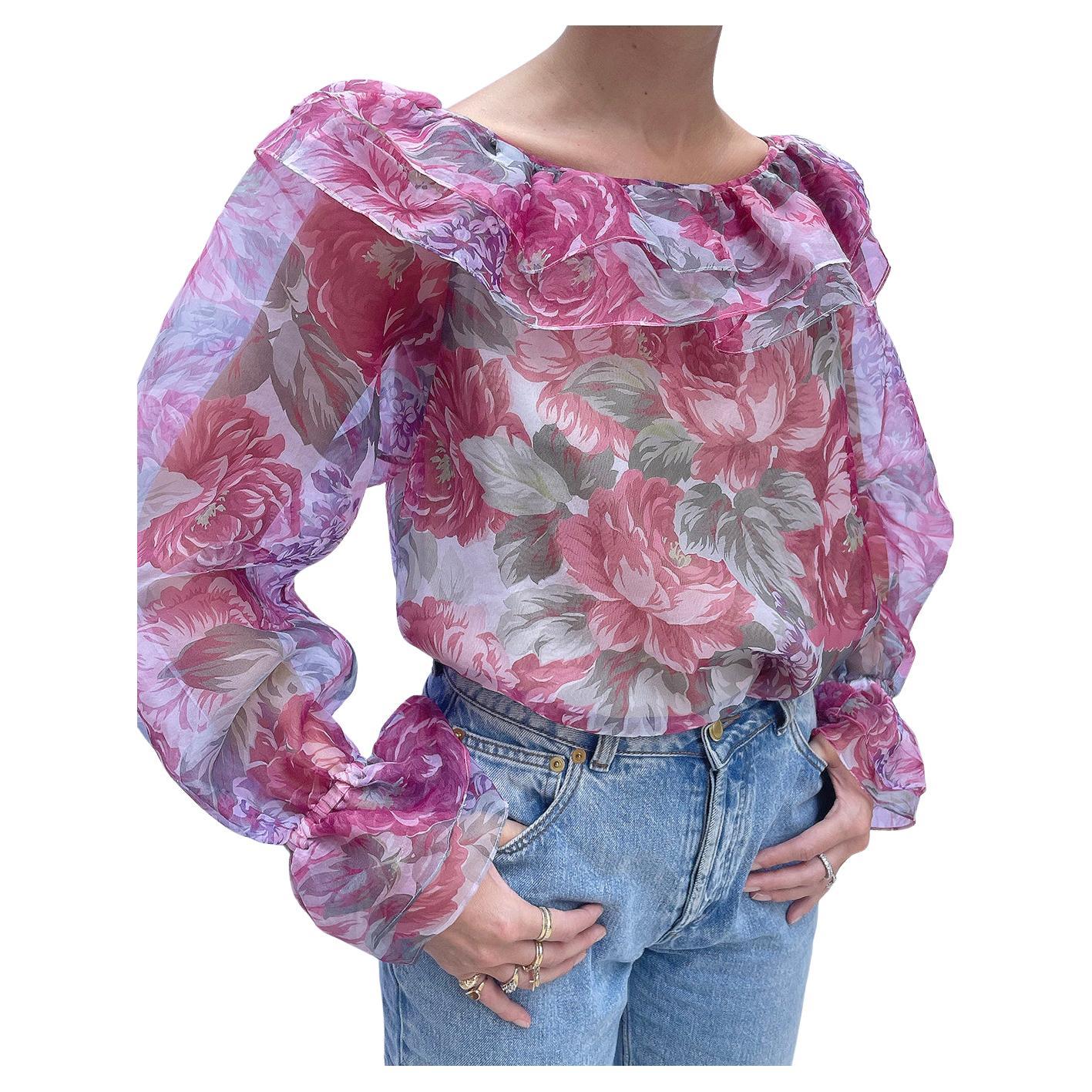 1980s Hanae Mori Floral Blouse For Sale