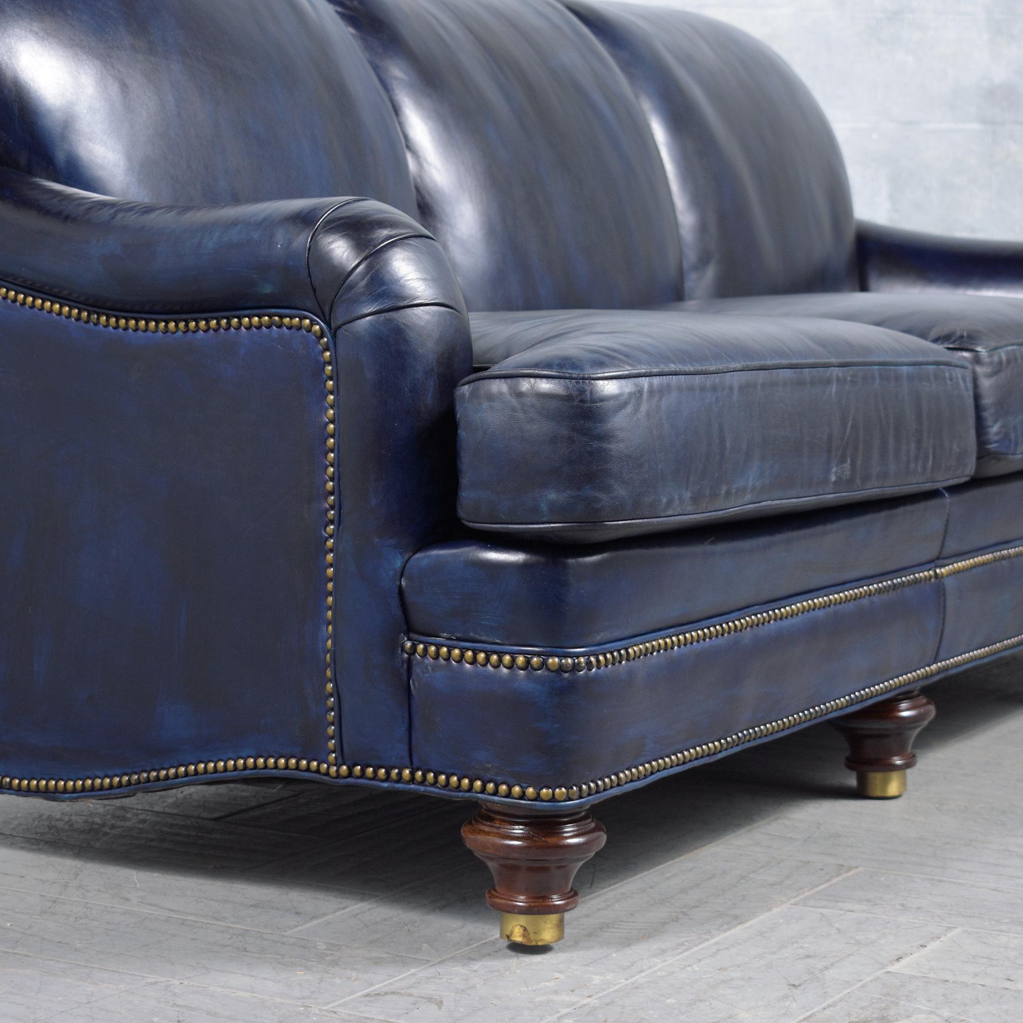 Late 20th Century Vintage 1980's Hancock & Moore Navy Leather Sofa: Vintage English-Style Elegance