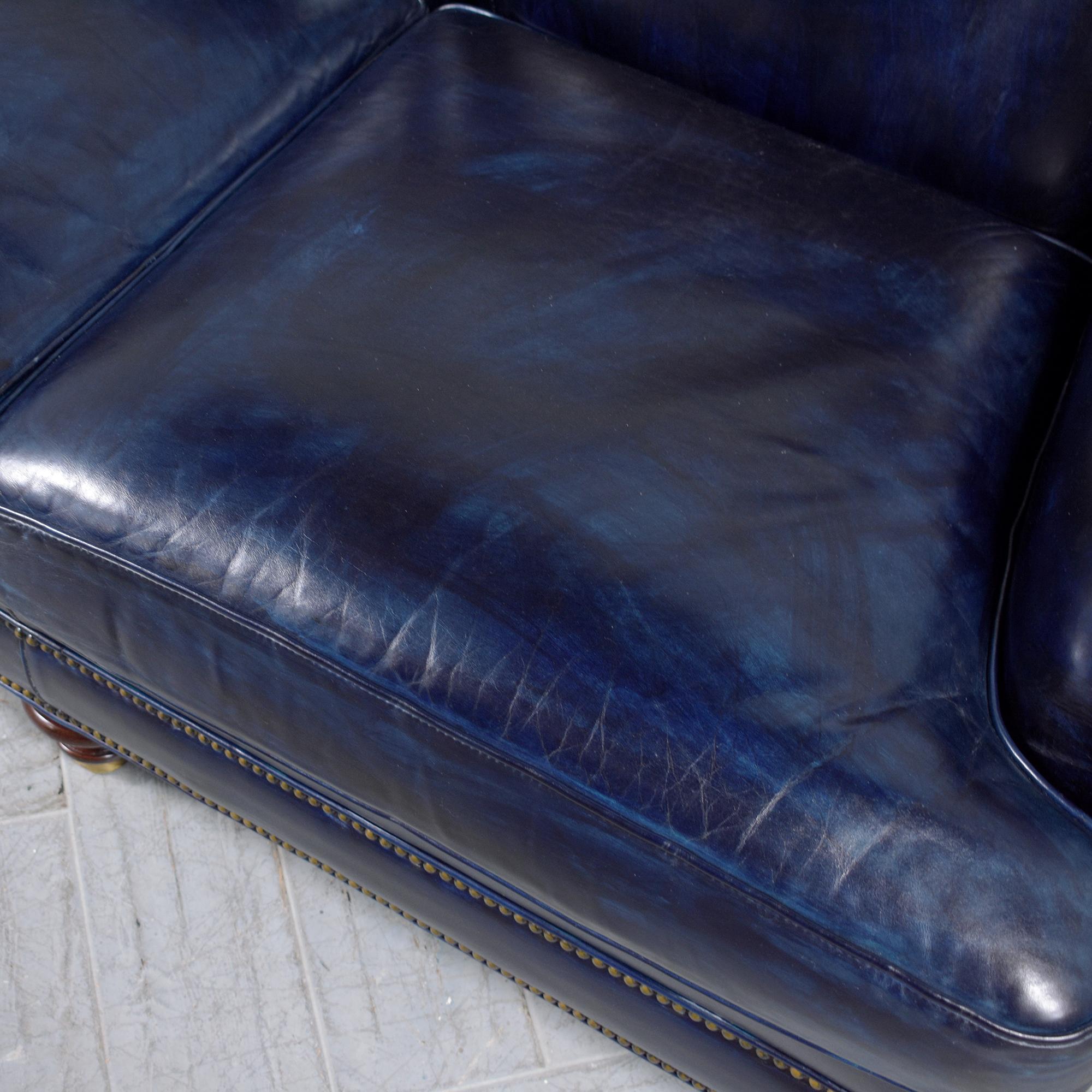 American Vintage 1980's Hancock & Moore Navy Leather Sofa: Vintage English-Style Elegance