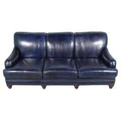 Used 1980's Hancock & Moore Navy Leather Sofa: Vintage English-Style Elegance