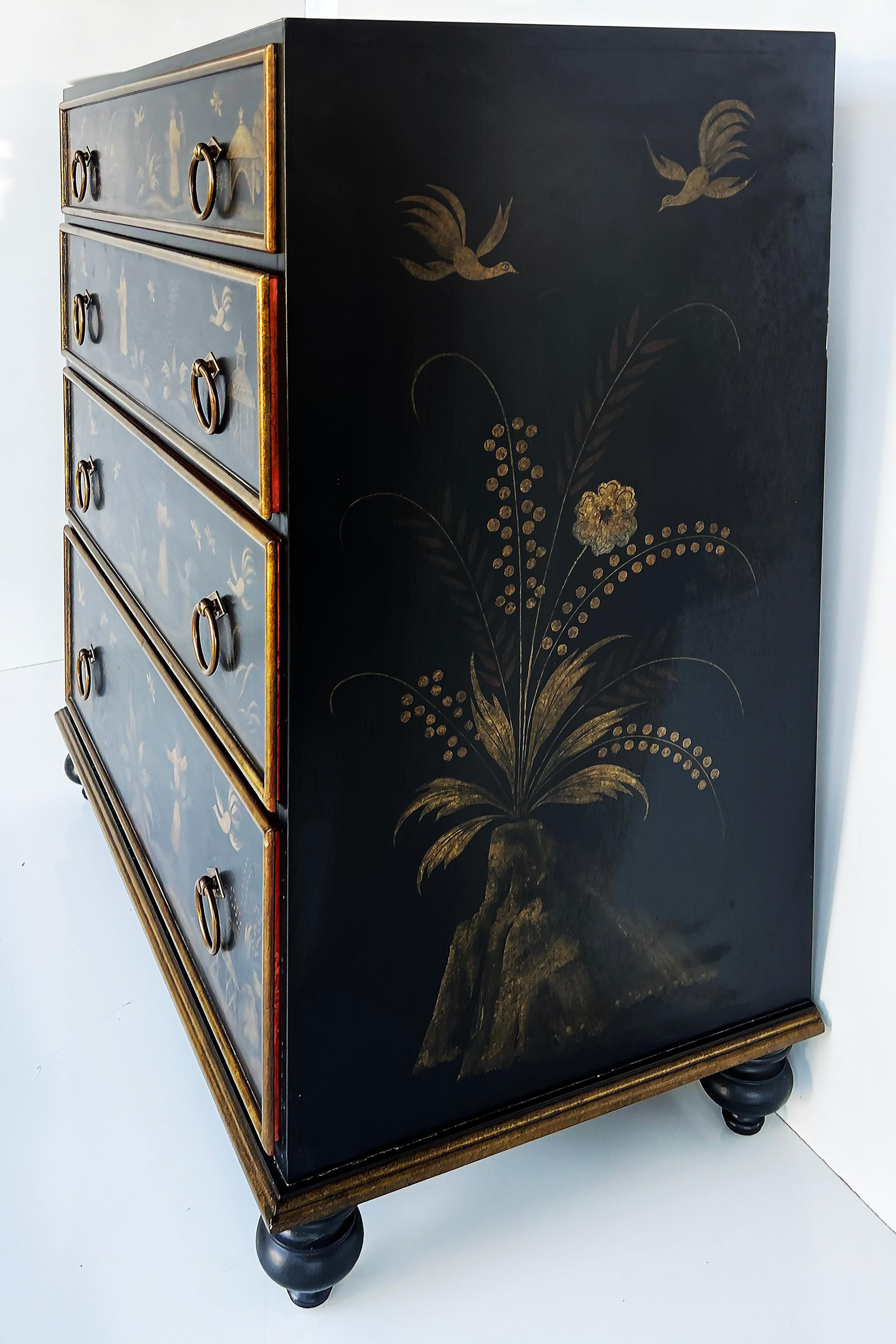 Brass Vintage 1980s Hand Painted Chinoiserie Cabinet Chest of Drawers