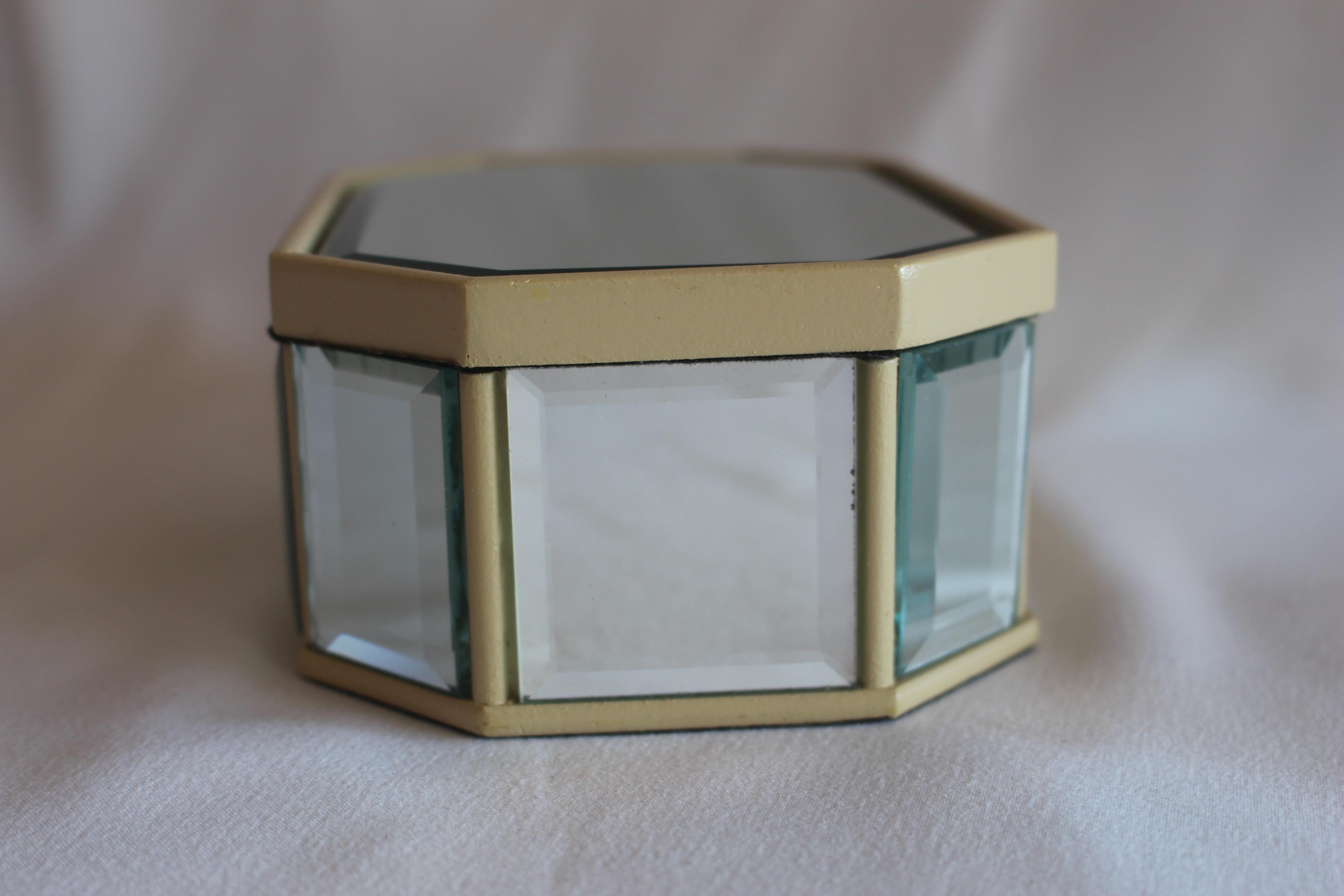 Late 20th Century Vintage 1980s Handcrafted Mirrored Beveled Jewelry Box Glass & Velvet For Sale