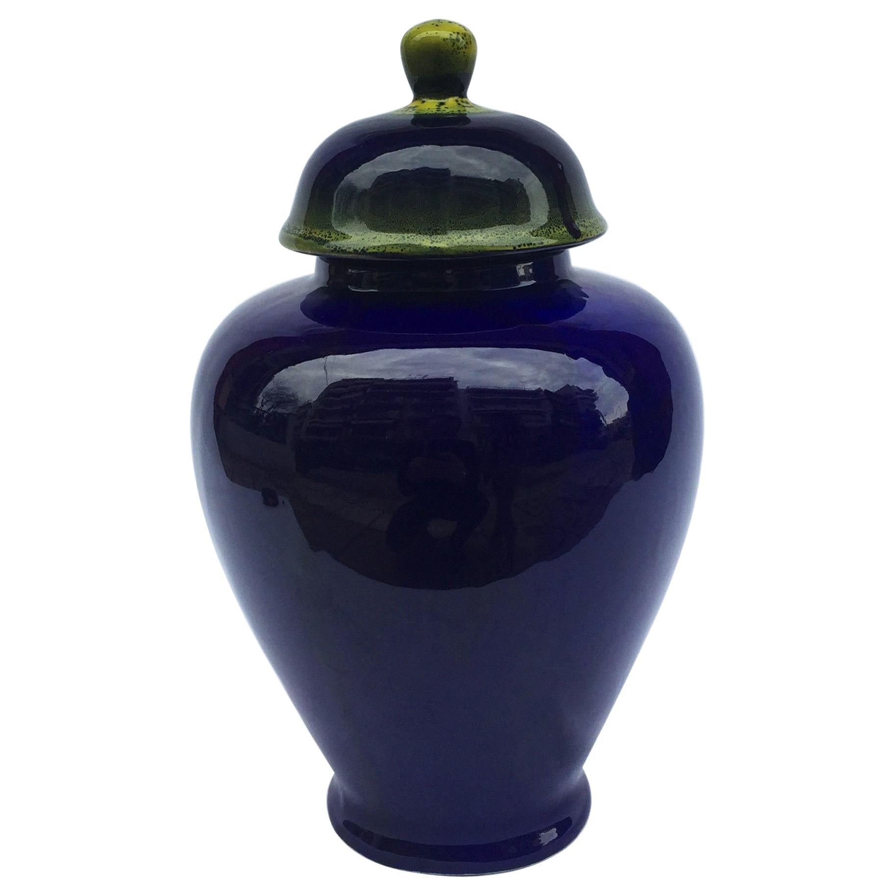 Vintage 1980s Handmade Blue Glazed Ceramic Ginger Jar 4 Vase Table Sideboard For Sale