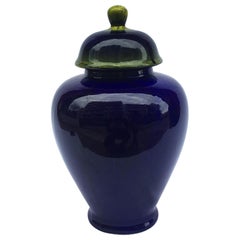 Vintage 1980s Handmade Blue Glazed Ceramic Ginger Jar 4 Vase Table Sideboard
