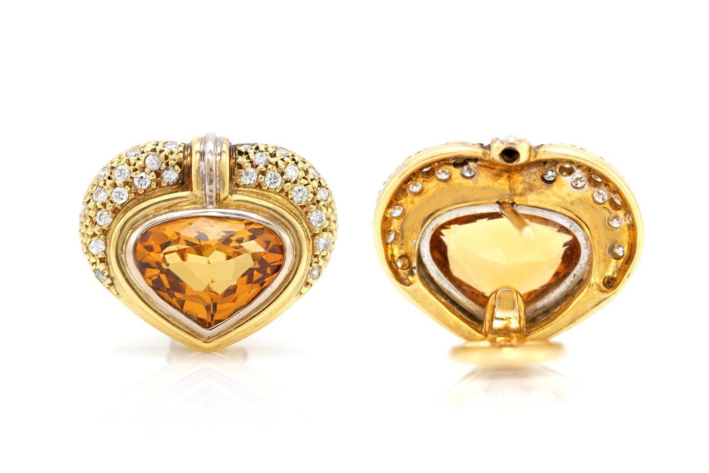 Heart Cut Vintage 1980s Heart Shaped Citrine Earrings with Diamonds For Sale