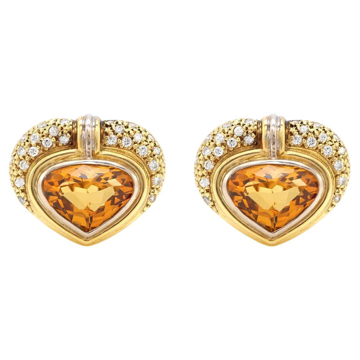Boucles d'oreilles vintage 1980 en forme de cœur en citrine avec diamants