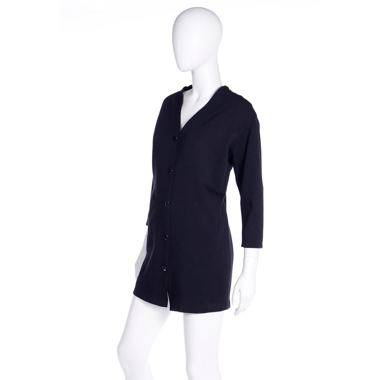Vintage 1980s Isaac Mizrahi Fully Lined Black Wool Cardigan Sweater or Dress In Excellent Condition For Sale In Portland, OR