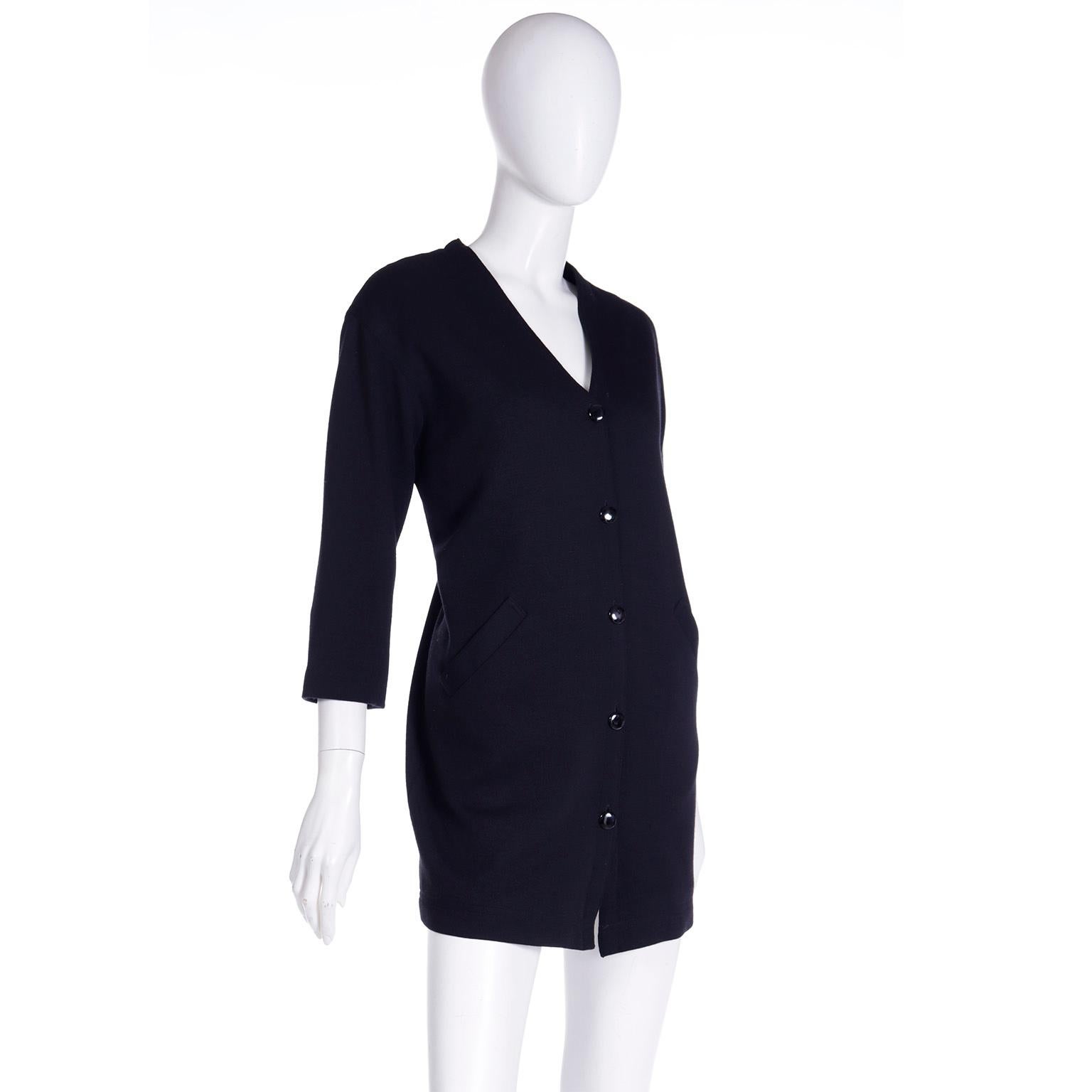 Vintage 1980s Isaac Mizrahi Fully Lined Black Wool Cardigan Sweater or Dress For Sale 1