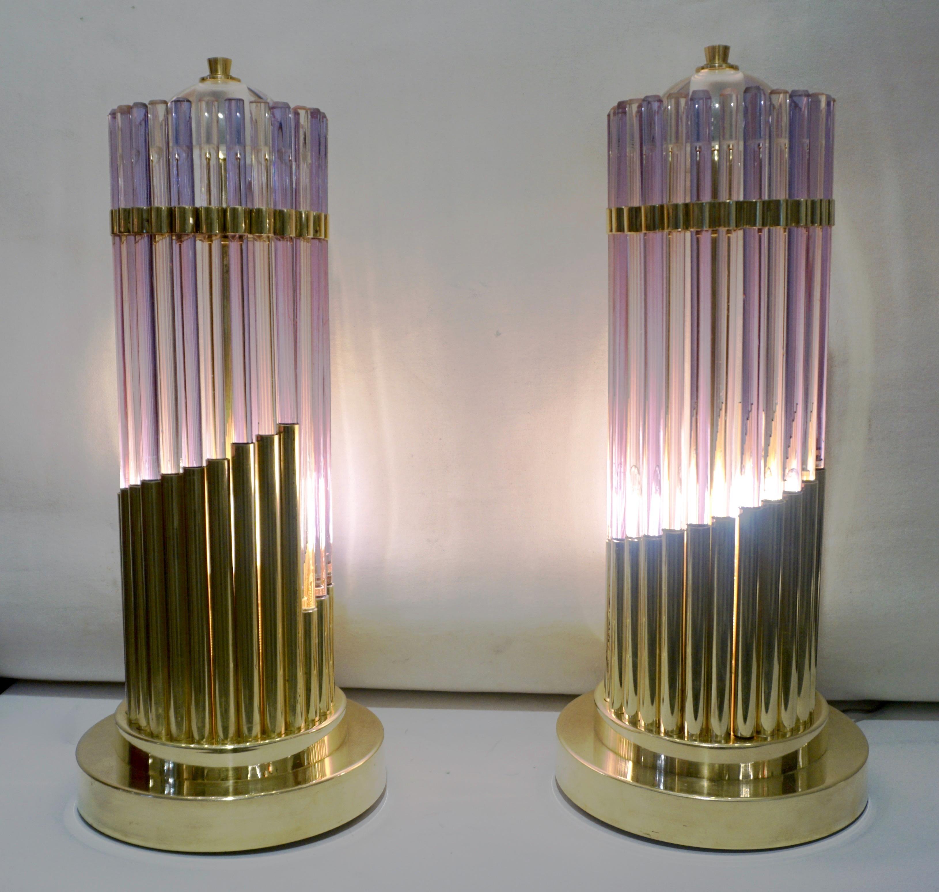 Vintage 1980s Italian Pair of Brass & Alexandrite Purple Blue Murano Glass Lamps 7