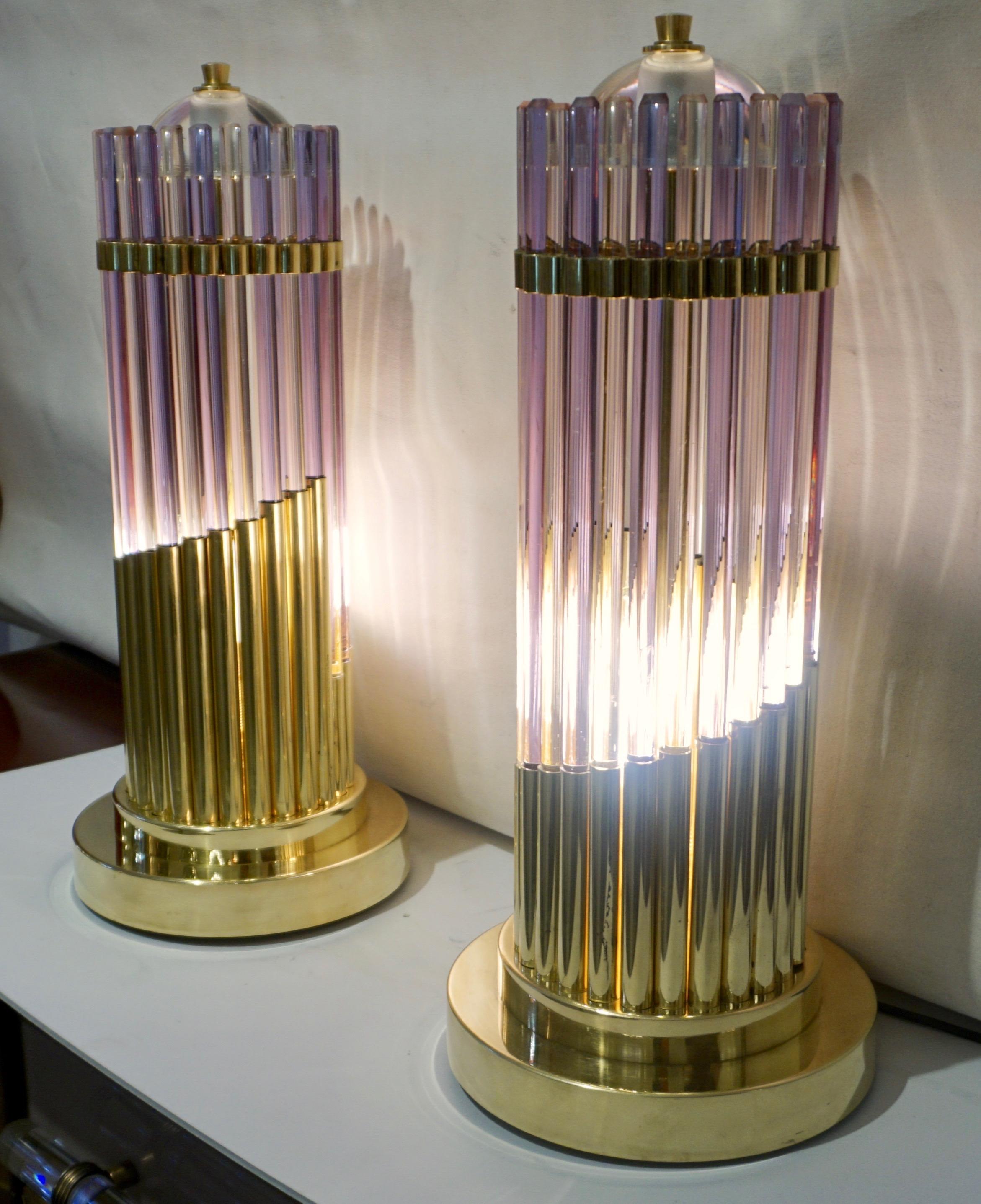 Vintage 1980s Italian Pair of Brass & Alexandrite Purple Blue Murano Glass Lamps 8