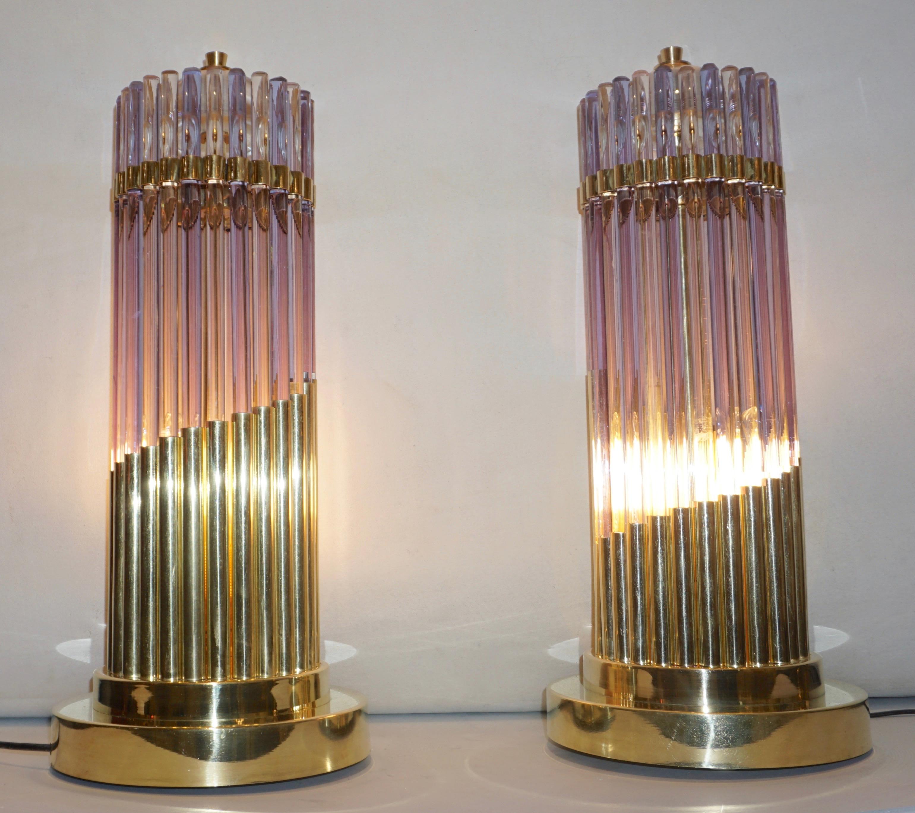 Vintage 1980s Italian Pair of Brass & Alexandrite Purple Blue Murano Glass Lamps 11