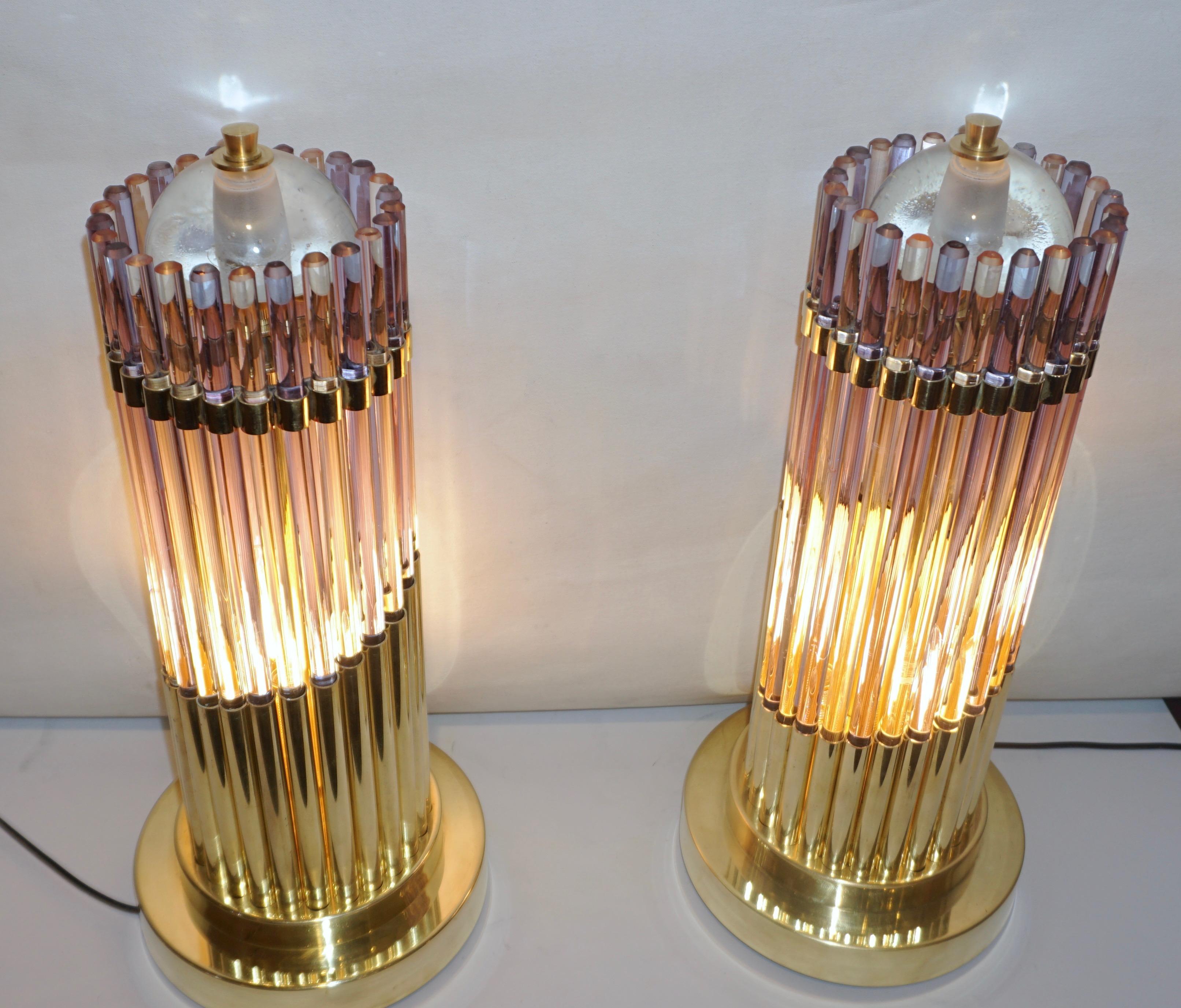 Vintage 1980s Italian Pair of Brass & Alexandrite Purple Blue Murano Glass Lamps 12