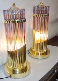 Vintage 1980s Italian Pair of Brass & Alexandrite Purple Blue Murano Glass Lamps