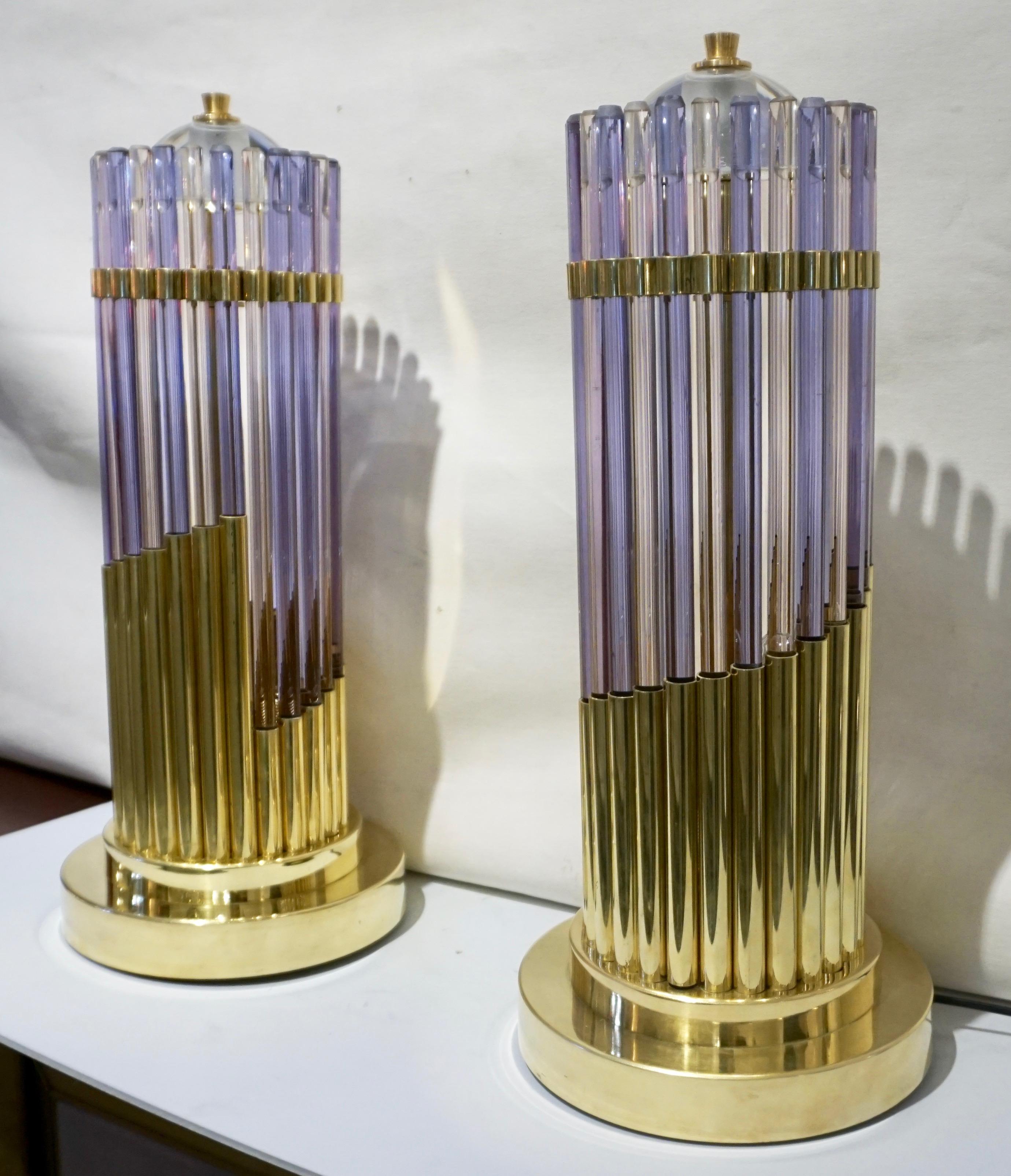Vintage 1980s Italian Pair of Brass & Alexandrite Purple Blue Murano Glass Lamps 2
