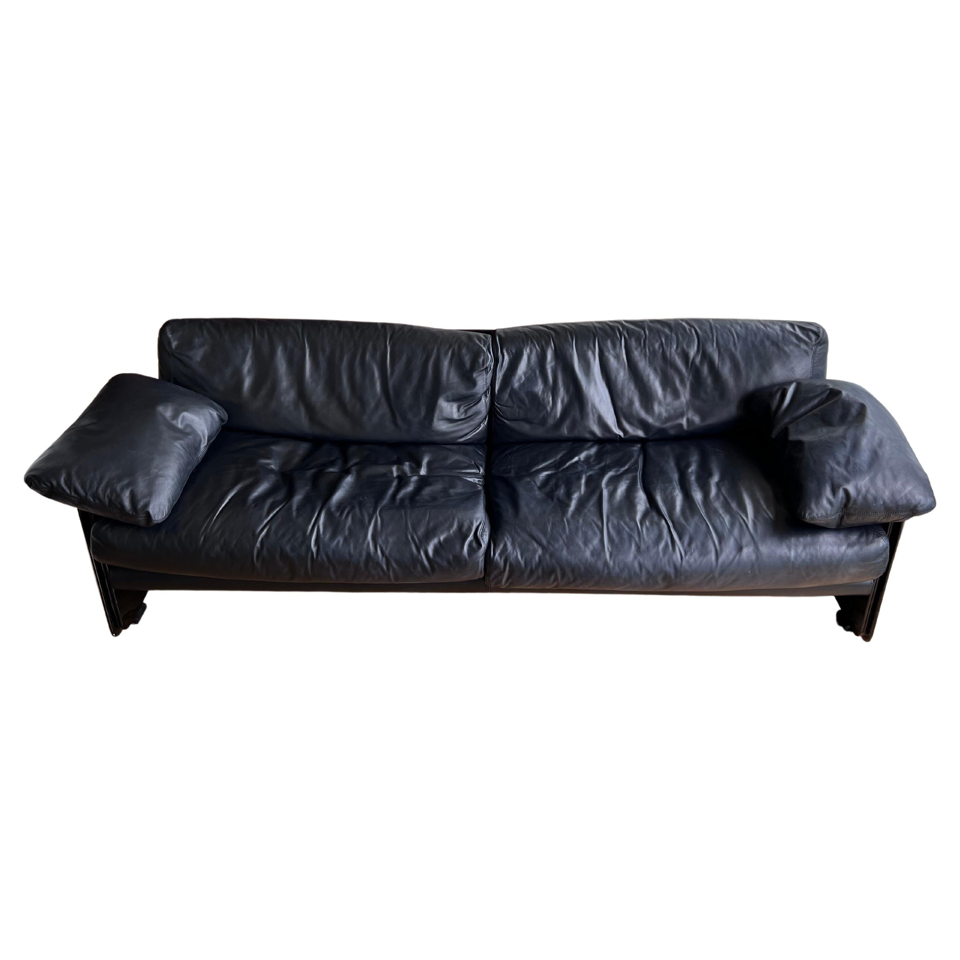 Vintage 1980s Italian Sofa in Black Leather and Lacquer Wood, Space Age Style For Sale