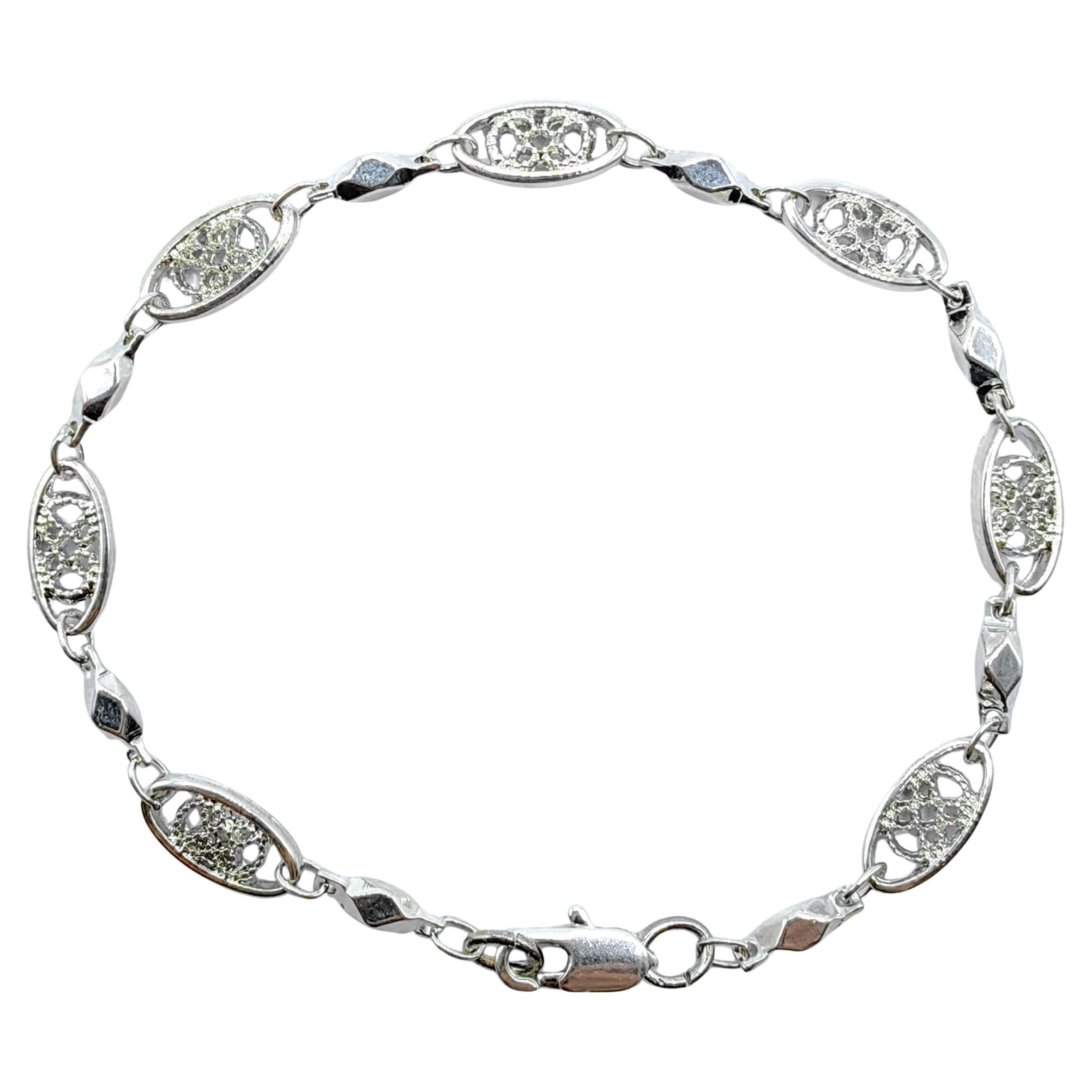 Vintage 1980's Italian Sterling Silver Oval Link Bracelet with Pavé Style Detail