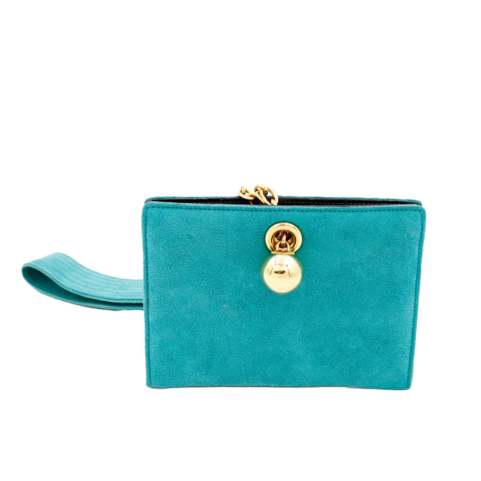 Vintage 1980s Jean Claude Jitrois Teal Green Suede Wristlet Evening Bag In Good Condition For Sale In Portland, OR