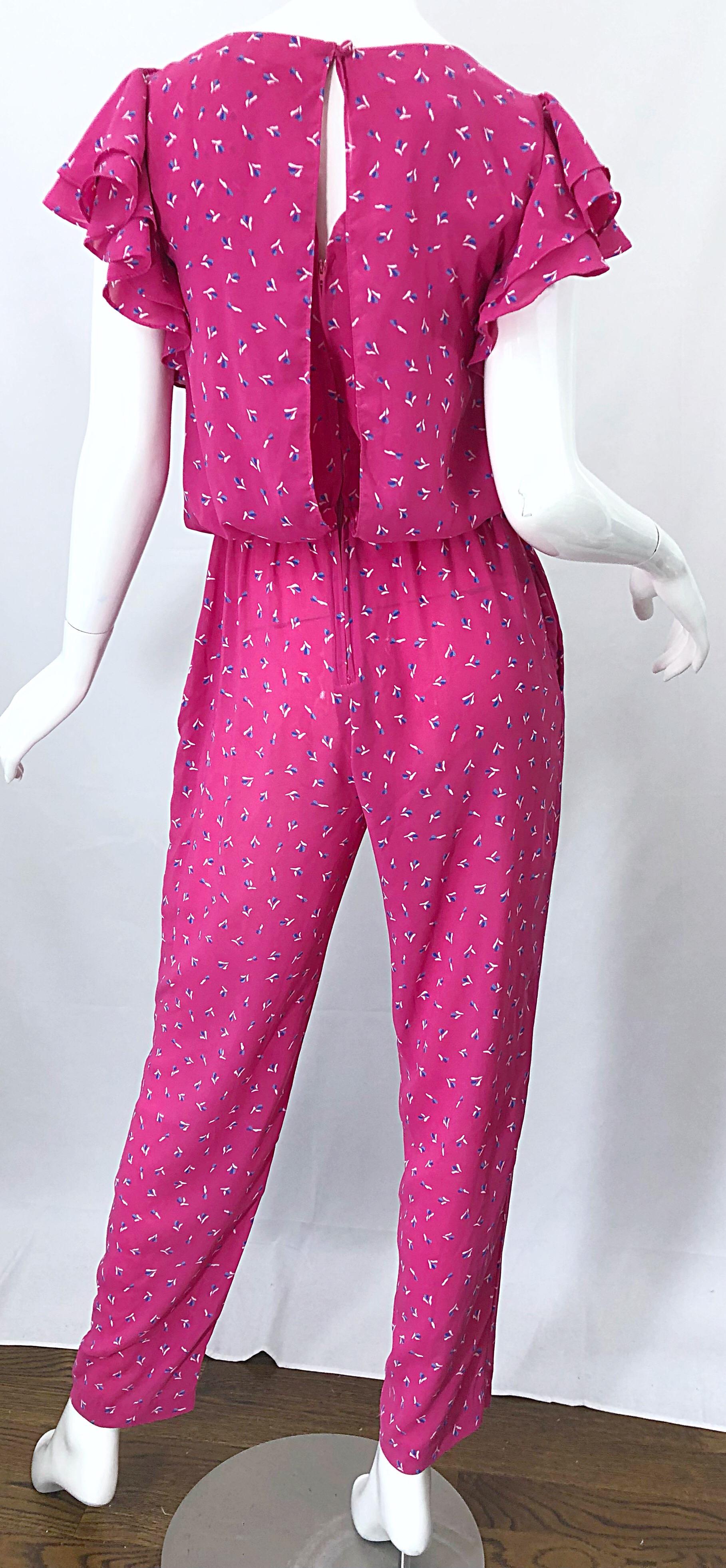 Vintage 1980s Jody T Hot Pink Flower Print Ruffle Straight Leg 80s Jumpsuit 5