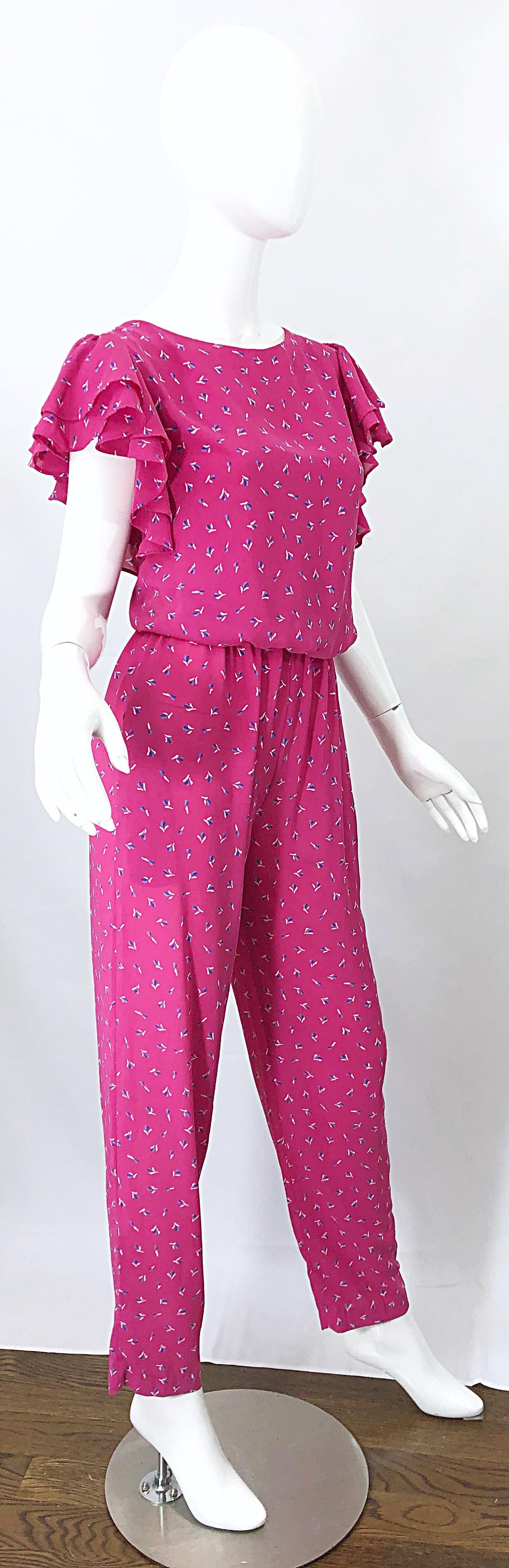 Vintage 1980s Jody T Hot Pink Flower Print Ruffle Straight Leg 80s Jumpsuit 6