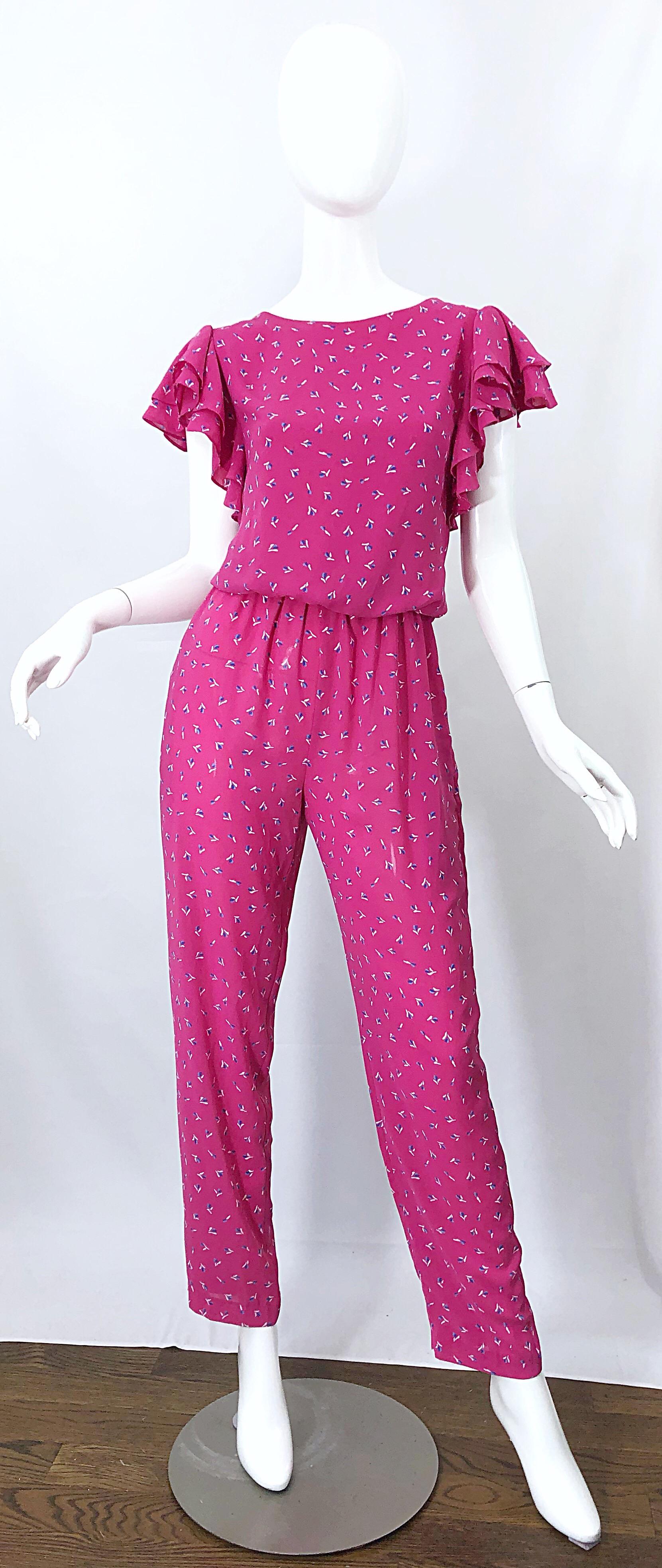 Vintage 1980s Jody T Hot Pink Flower Print Ruffle Straight Leg 80s Jumpsuit 7