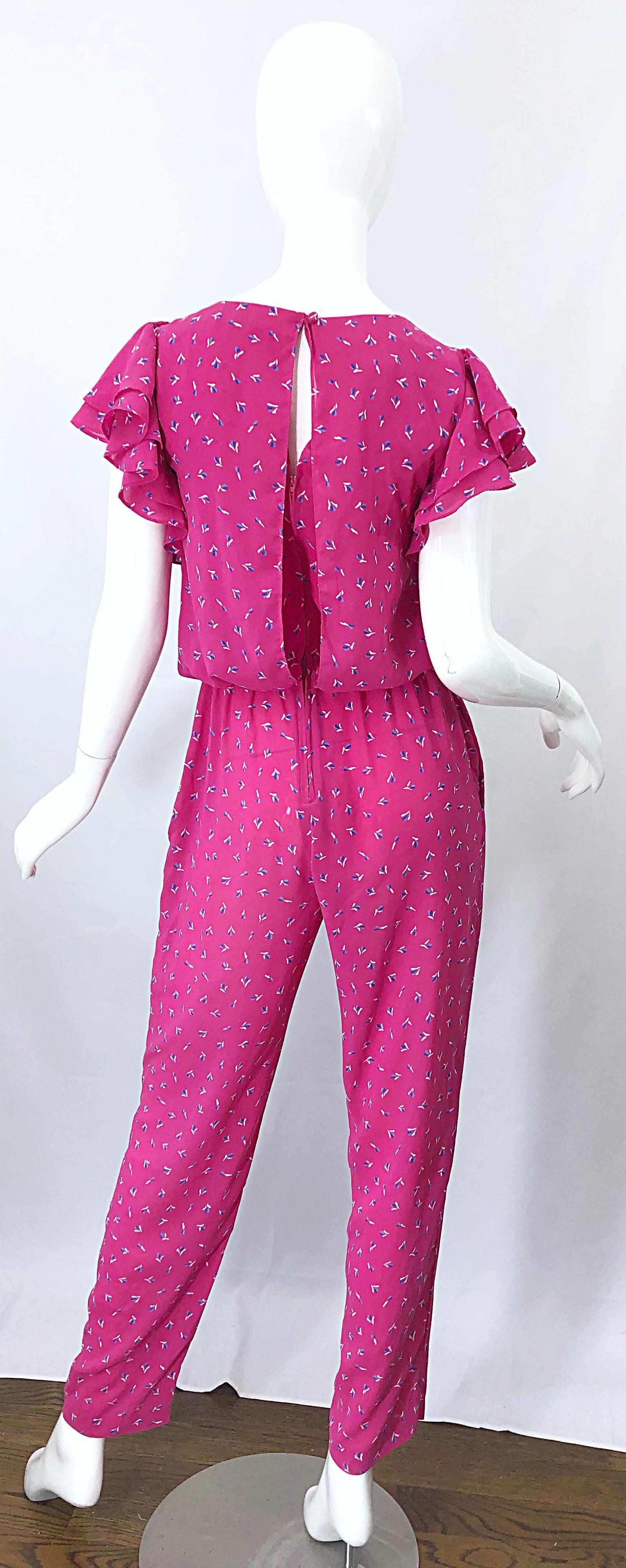 Vintage 1980s Jody T Hot Pink Flower Print Ruffle Straight Leg 80s Jumpsuit In Excellent Condition In San Diego, CA