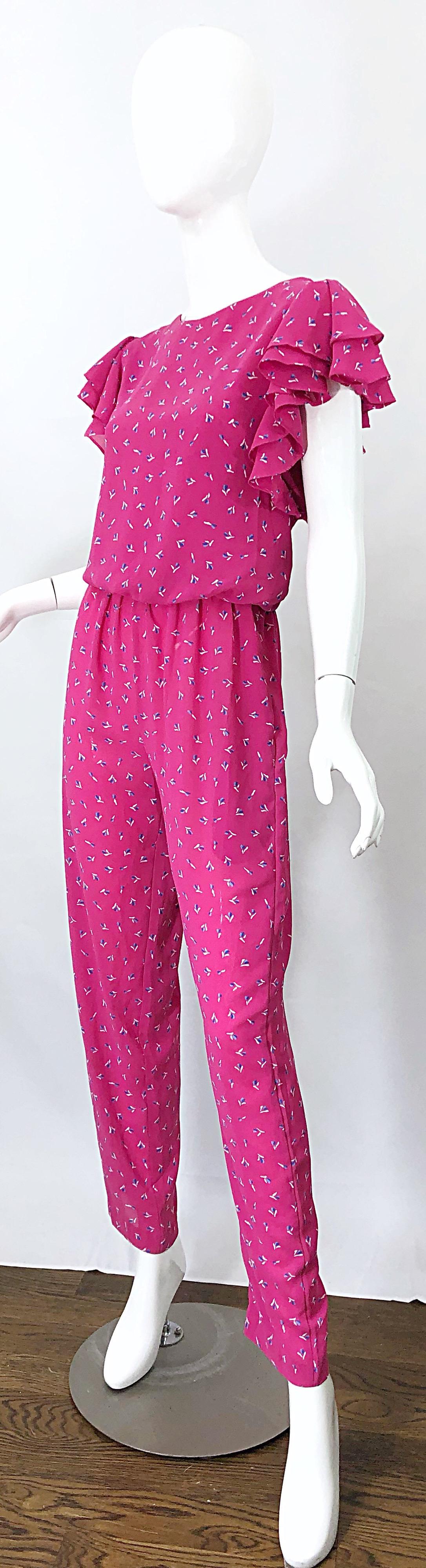 Women's Vintage 1980s Jody T Hot Pink Flower Print Ruffle Straight Leg 80s Jumpsuit