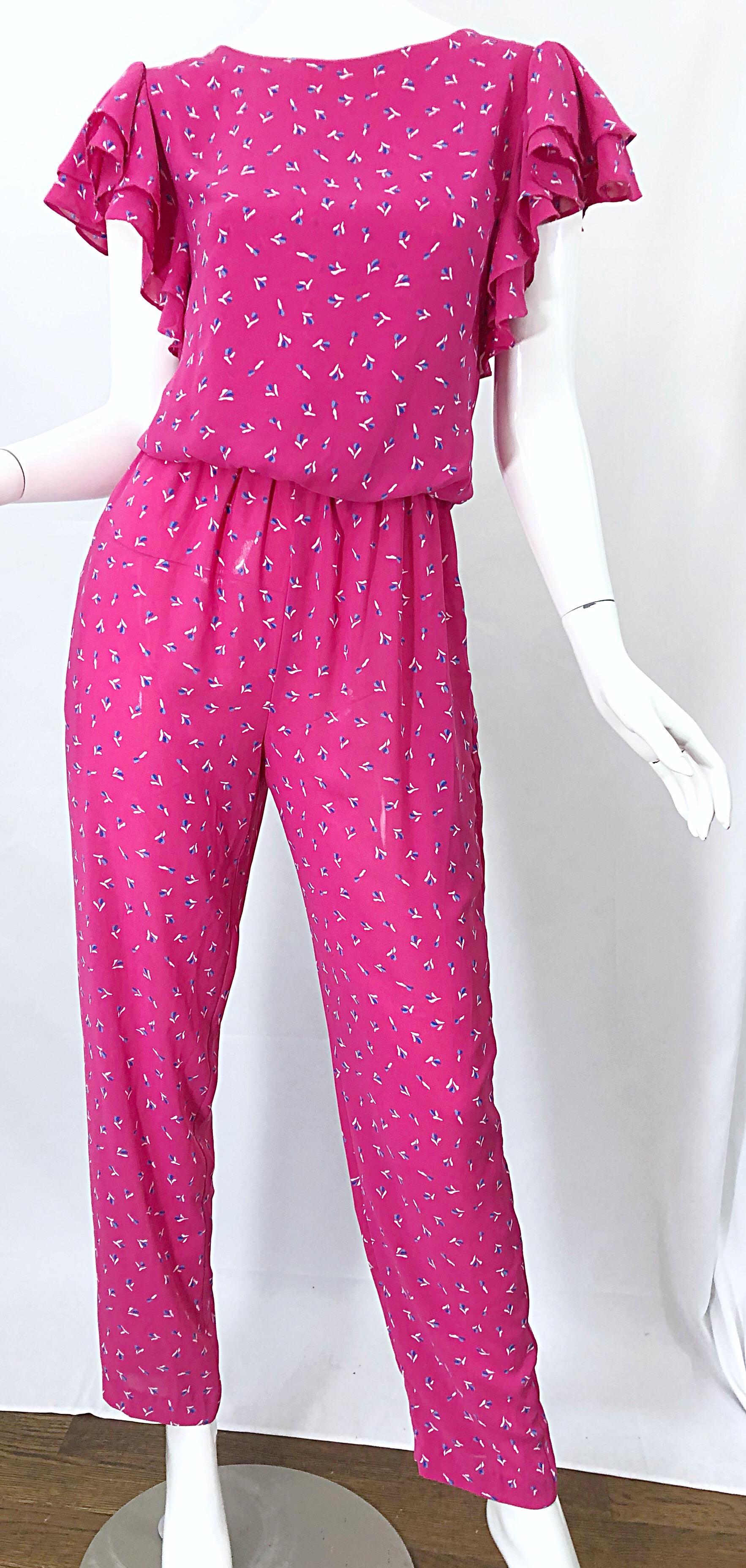 Vintage 1980s Jody T Hot Pink Flower Print Ruffle Straight Leg 80s Jumpsuit 2