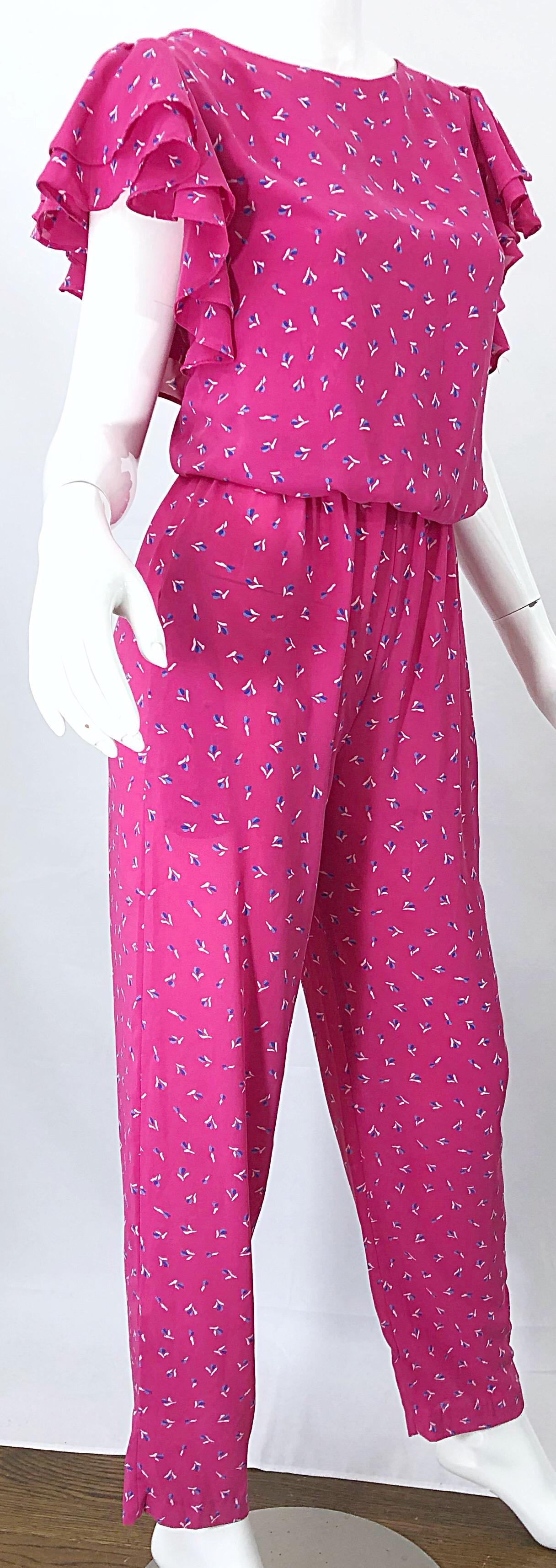 Vintage 1980s Jody T Hot Pink Flower Print Ruffle Straight Leg 80s Jumpsuit 3