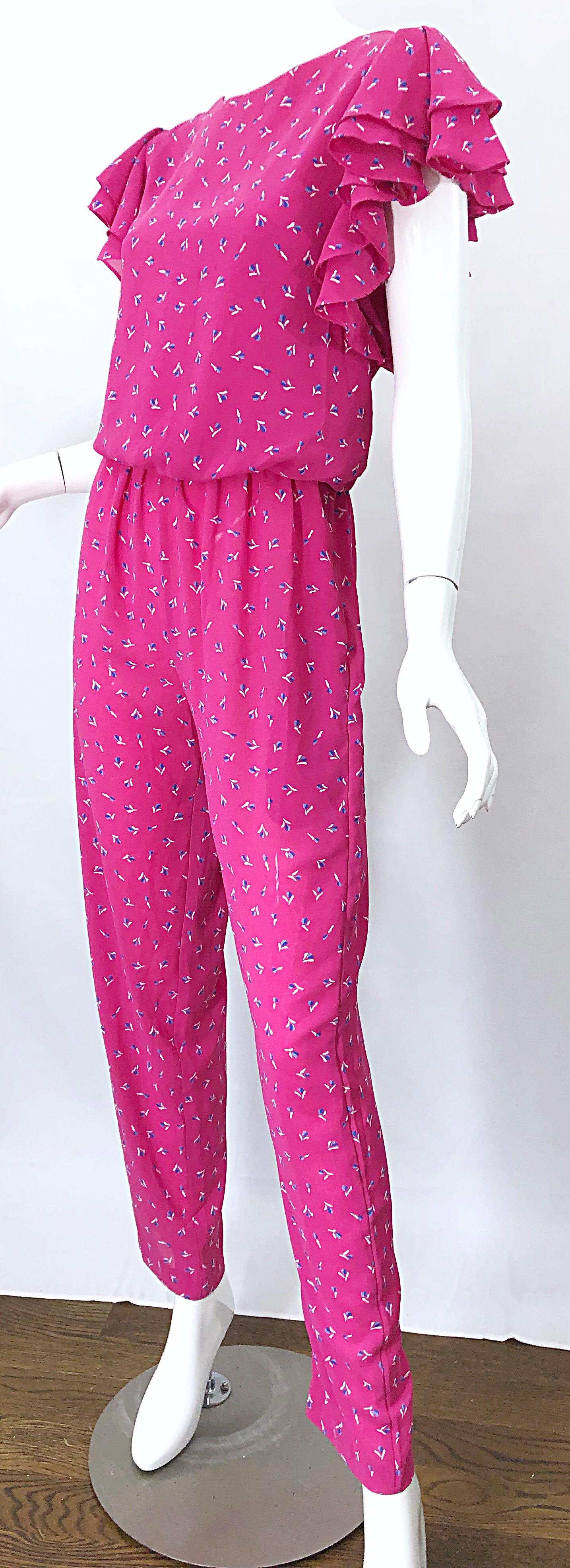 Vintage 1980s Jody T Hot Pink Flower Print Ruffle Straight Leg 80s Jumpsuit 4