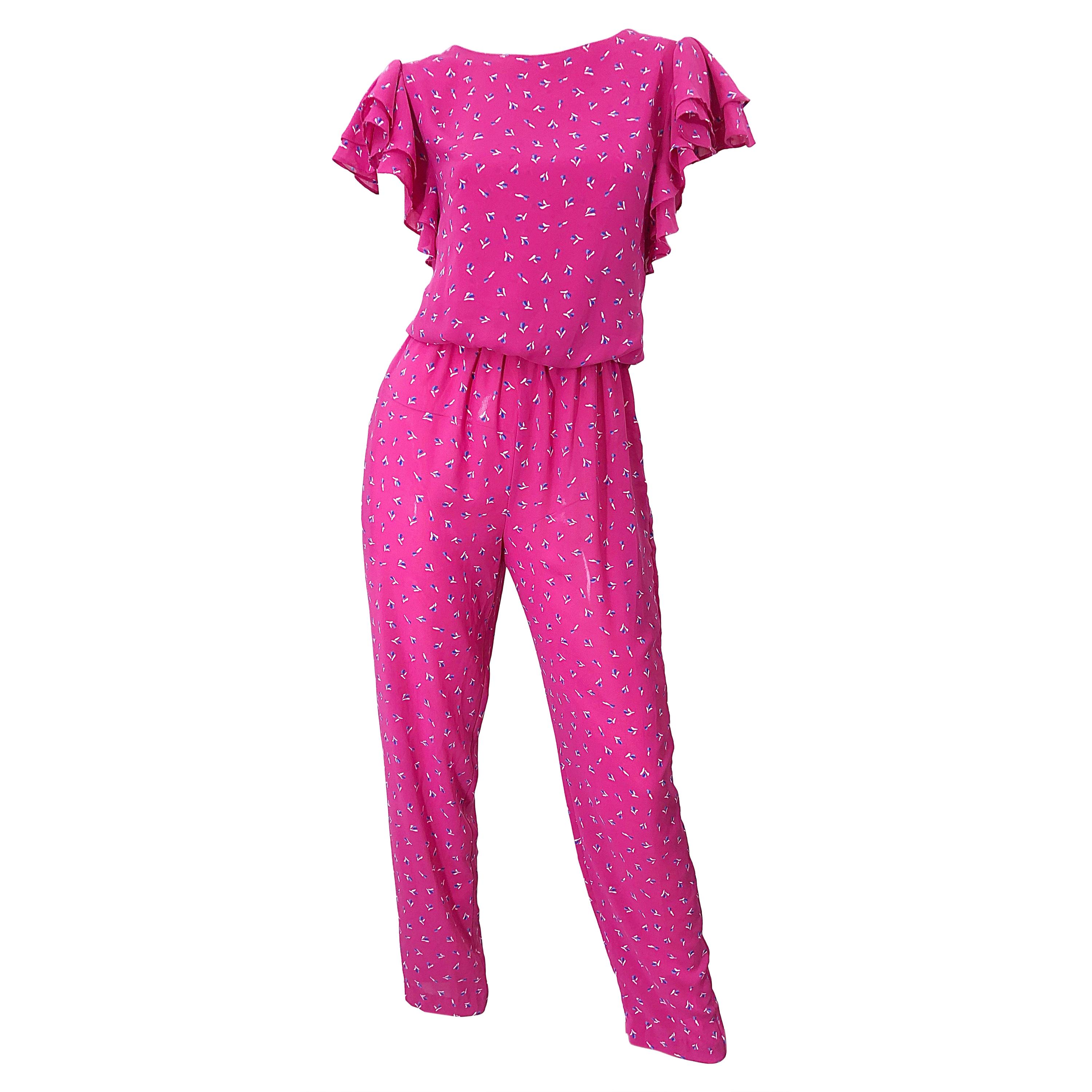 Vintage 1980s Jody T Hot Pink Flower Print Ruffle Straight Leg 80s Jumpsuit
