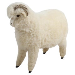 Vintage 1980s Joel Donahoe "Lamkin" Life-Size Sheep-Ram Sculpture Bench Ottoman