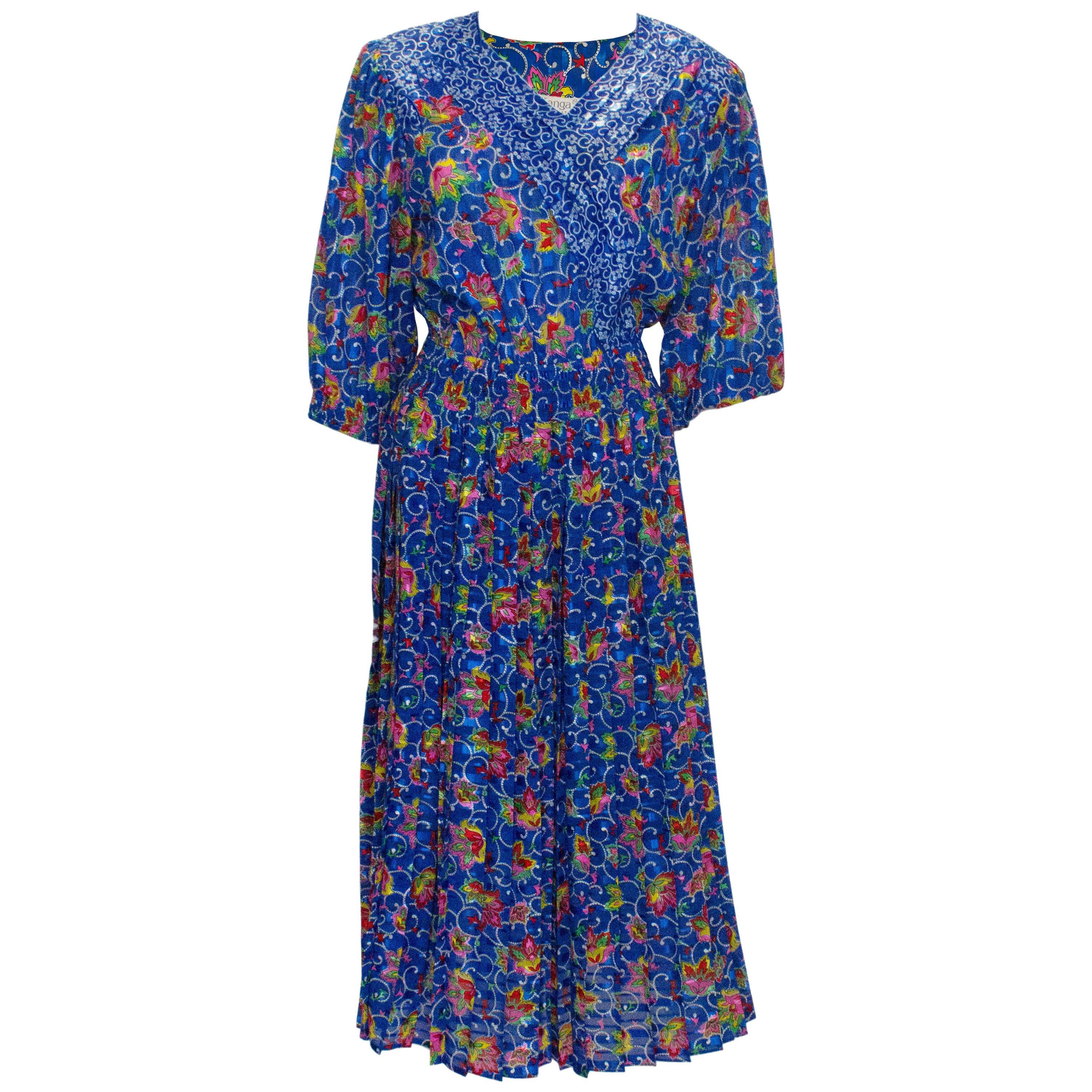 Vintage 1980s Kanga Collection Blue Floral Dress For Sale