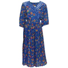 Vintage 1980s Kanga Collection Blue Floral Dress