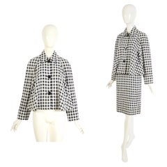 Vintage Años 80 Lanvin Chaqueta y falda de cuadros de lana en blanco y negro