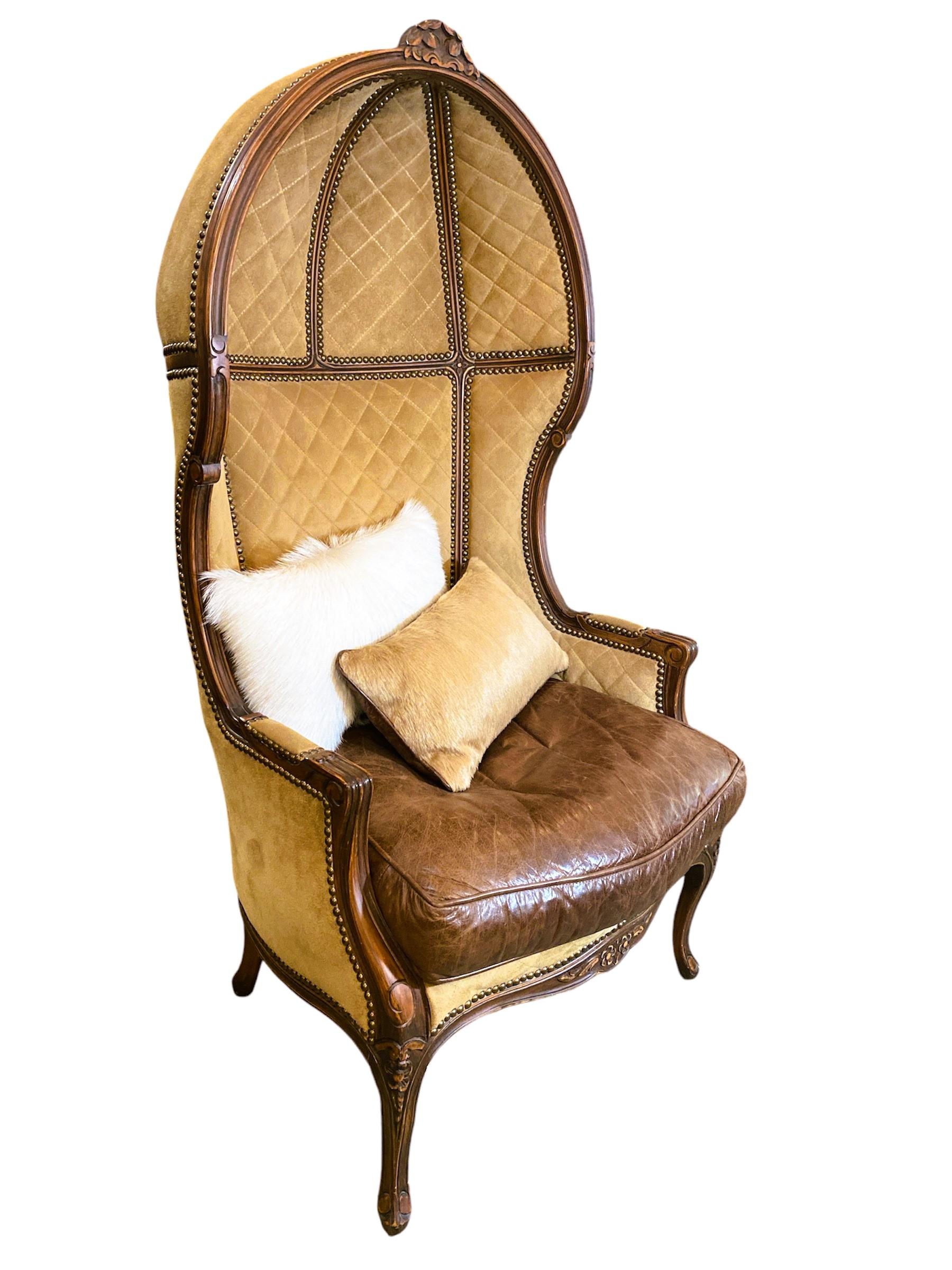 French Provincial Vintage 1980's Leather & Swede Balloon Style Studded Chair