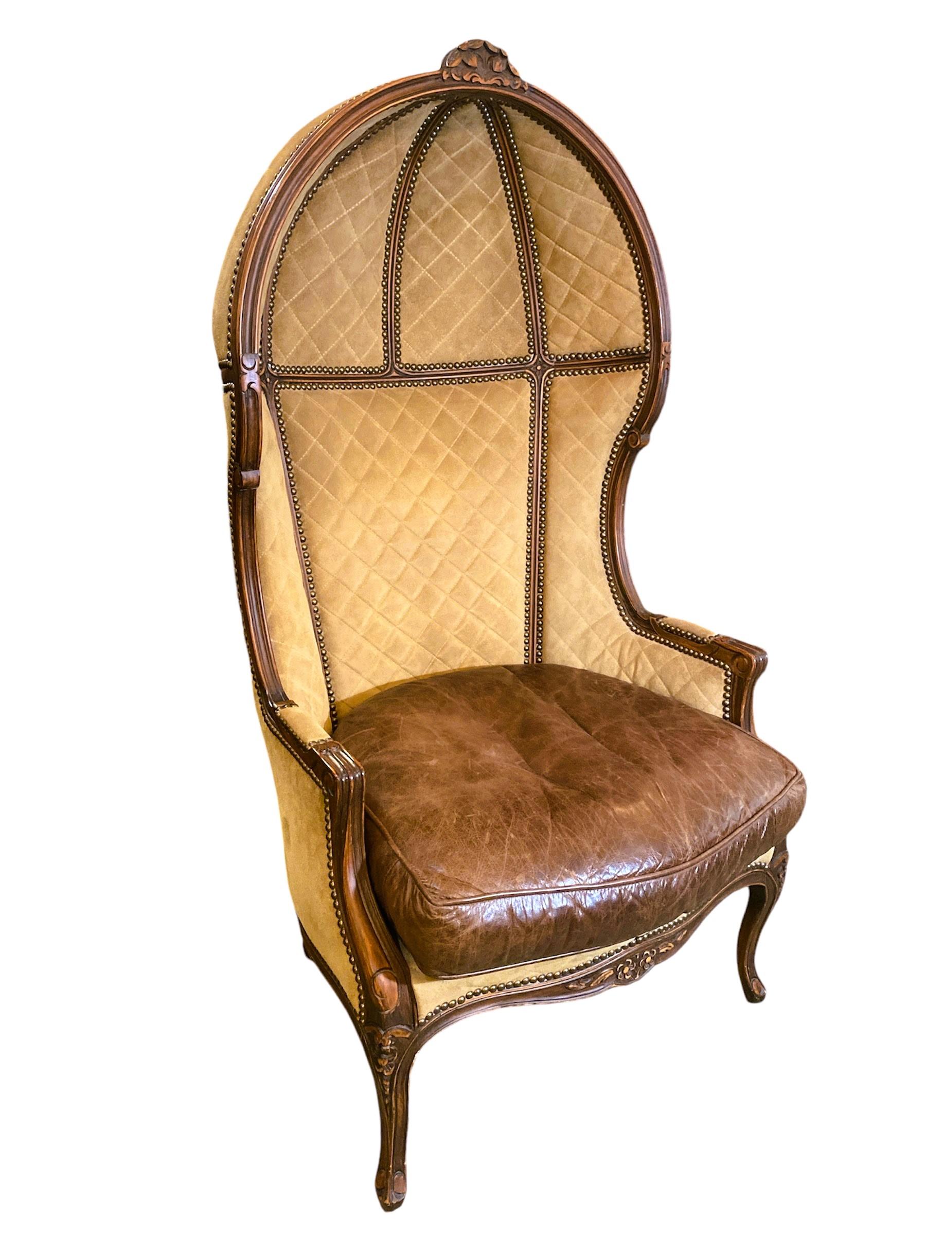 French Vintage 1980's Leather & Swede Balloon Style Studded Chair