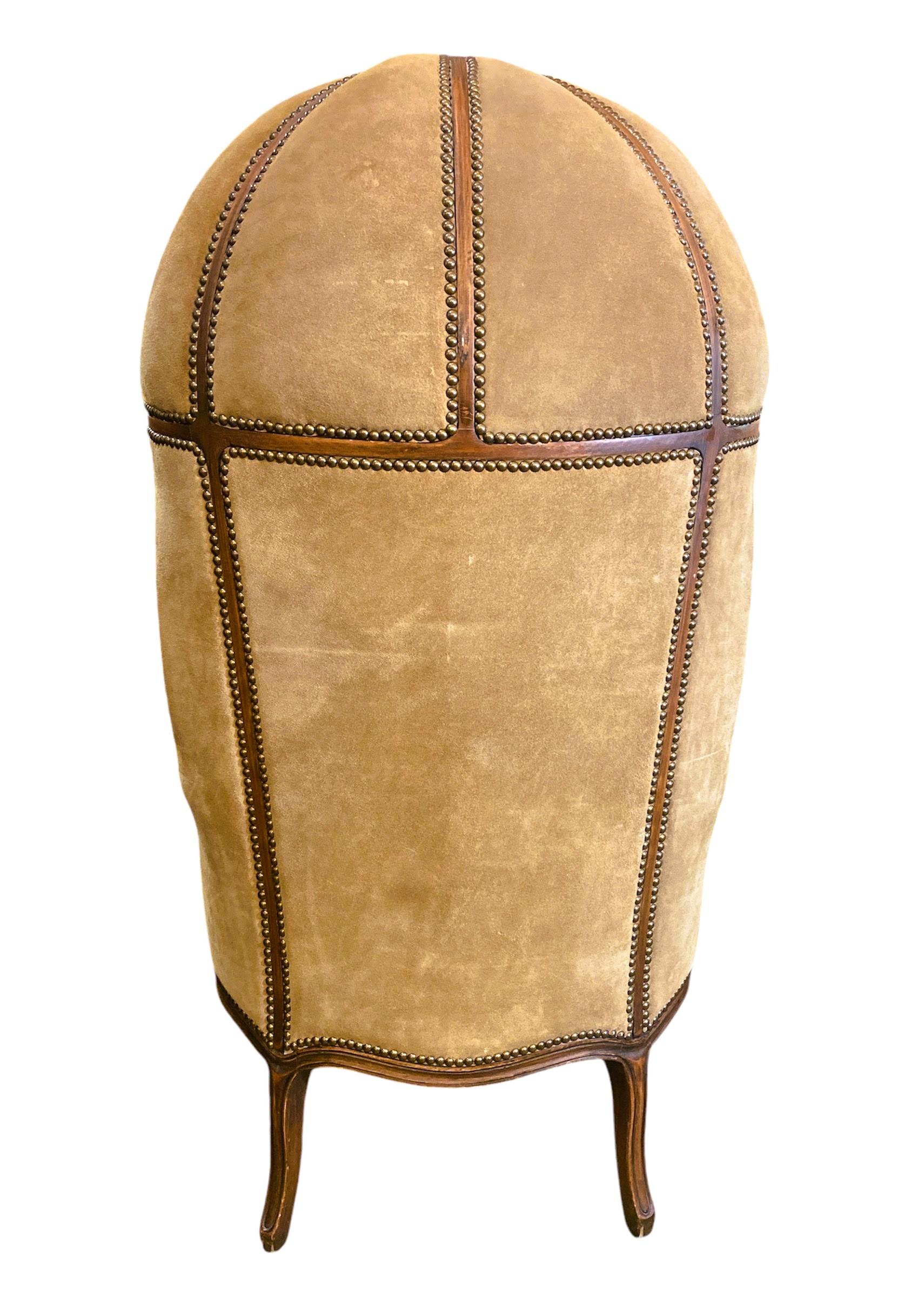 Hand-Carved Vintage 1980's Leather & Swede Balloon Style Studded Chair