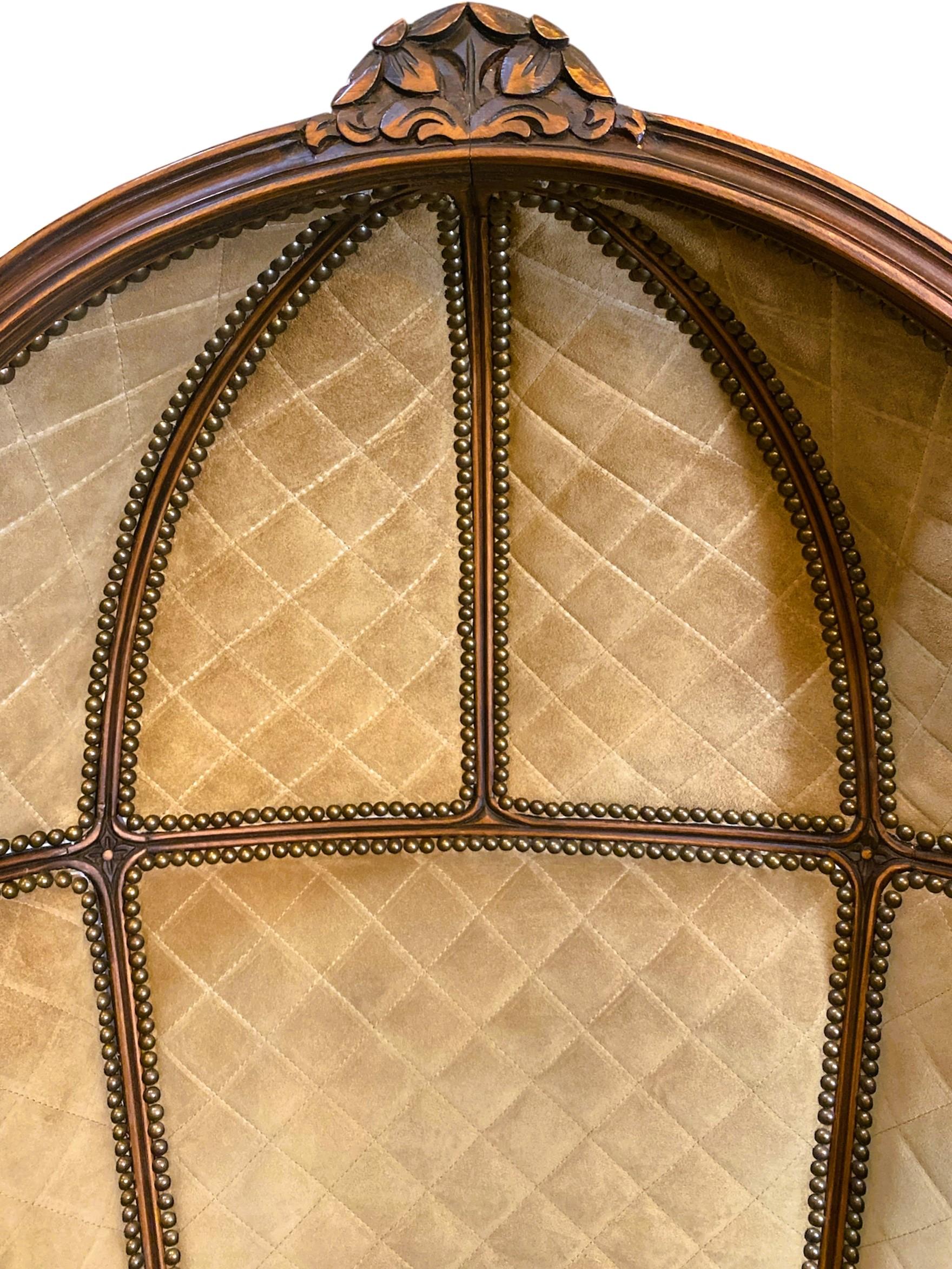 Wood Vintage 1980's Leather & Swede Balloon Style Studded Chair