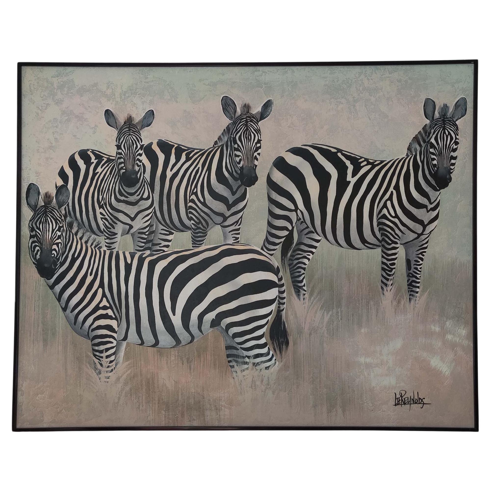 Vintage 1980s Lee Reynolds Oil on Canvas Painting Depicting "A Zeal of Zebras" For Sale