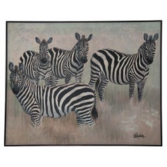 Vintage 1980s Lee Reynolds Oil on Canvas Painting Depicting "A Zeal of Zebras"