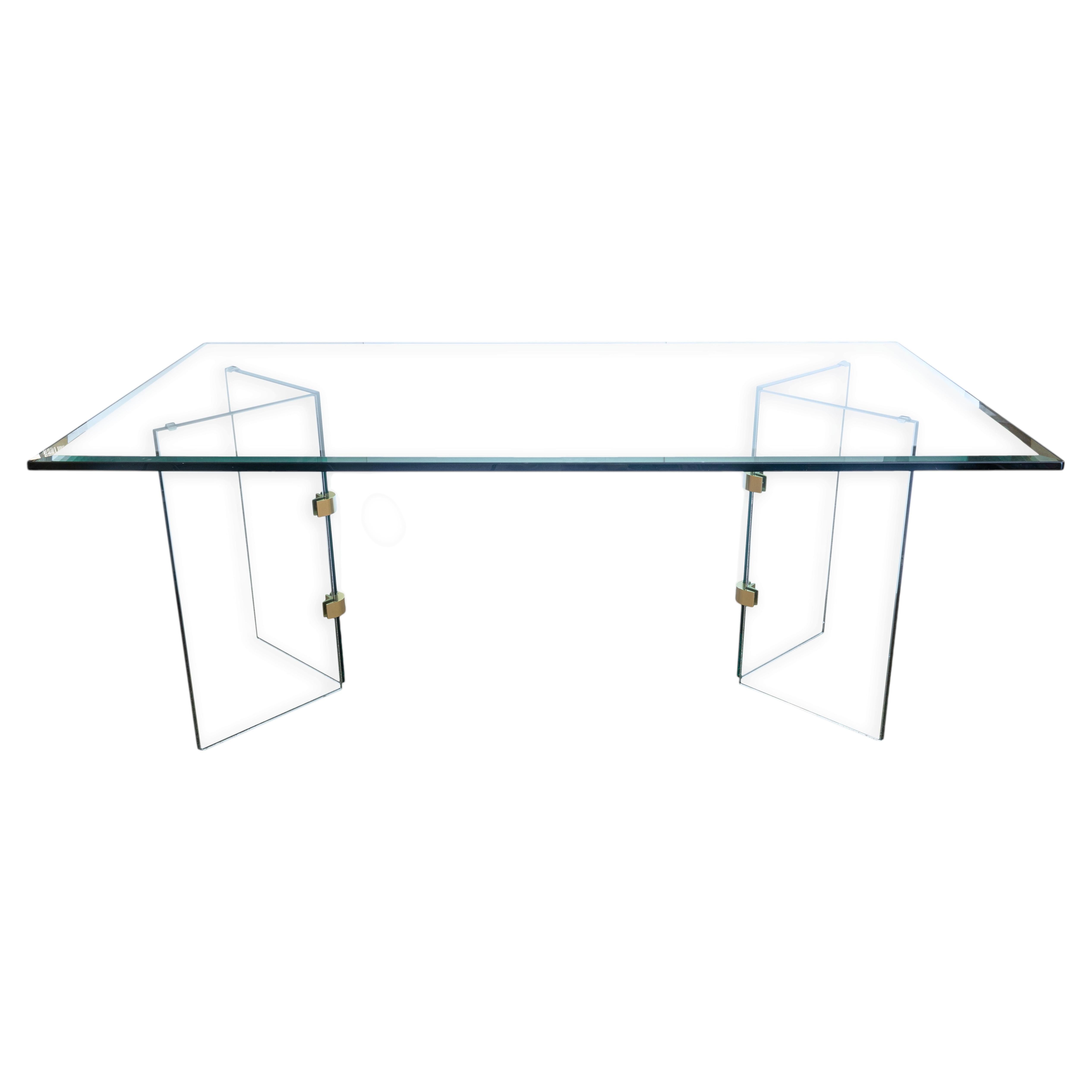 Vintage 1980s Leon Rosen for Pace Rectangular Glass Dining Table with Brass