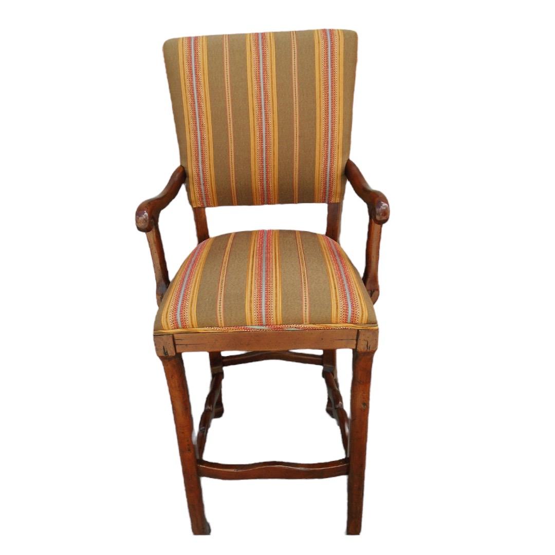 Excellent condition! detailed carved hardwood frame; upholstered in stripe fabric; made in Arizona by Lorts

Seats: 22”w x 22”d x 51”h
Seat Interior: 19”w x 18”d
Seat Height: 33”
Arm Height: 38”.