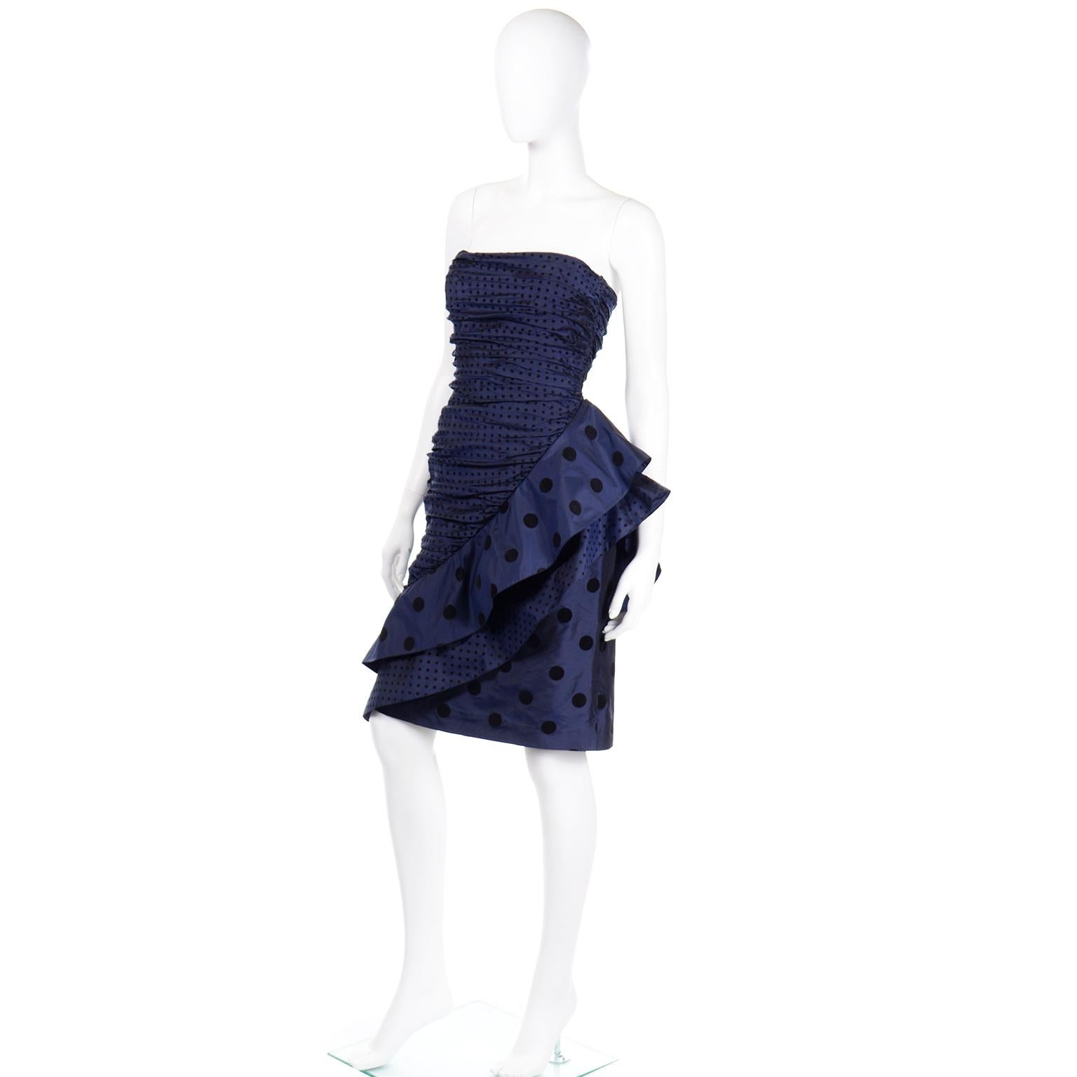 Black Vintage 1980s Louis Feraud Deep Blue Polka Dot Strapless Silk Evening Dress For Sale