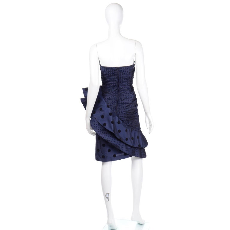 Vintage 1980s Louis Feraud Deep Blue Polka Dot Strapless Silk Evening Dress In Excellent Condition For Sale In Portland, OR