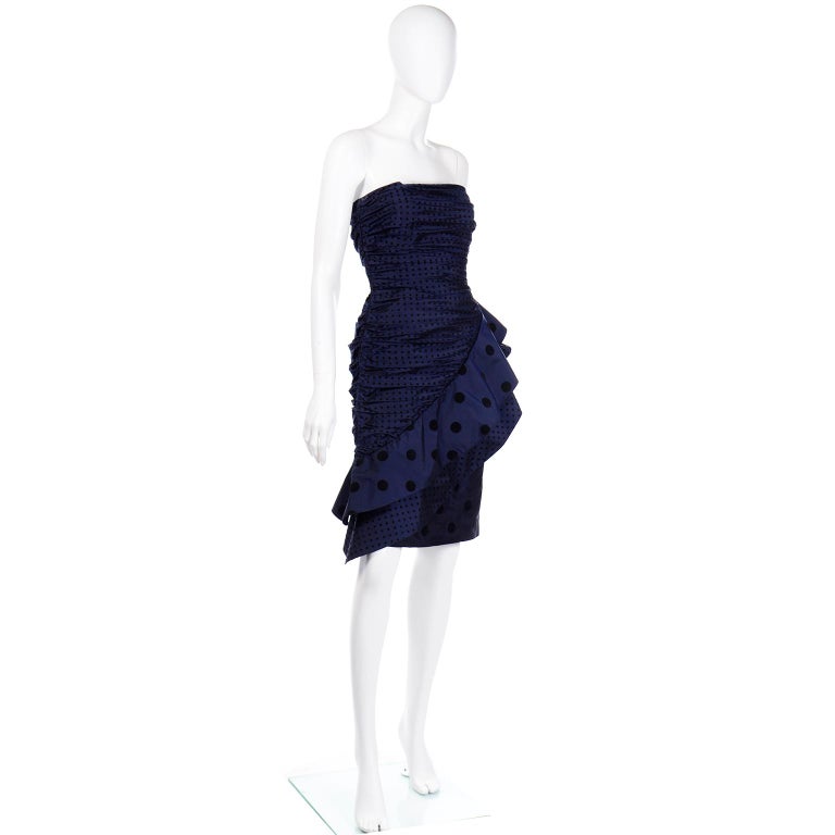 Women's Vintage 1980s Louis Feraud Deep Blue Polka Dot Strapless Silk Evening Dress For Sale