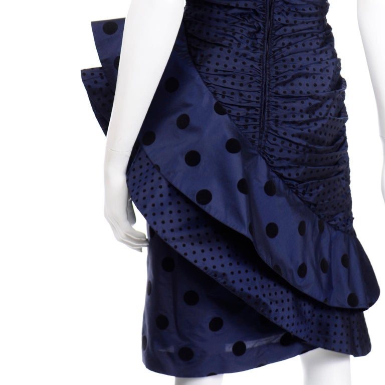 Vintage 1980s Louis Feraud Deep Blue Polka Dot Strapless Silk Evening Dress For Sale 1