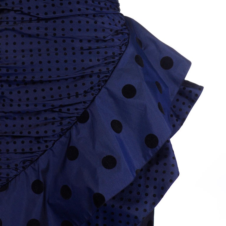 Vintage 1980s Louis Feraud Deep Blue Polka Dot Strapless Silk Evening Dress For Sale 2